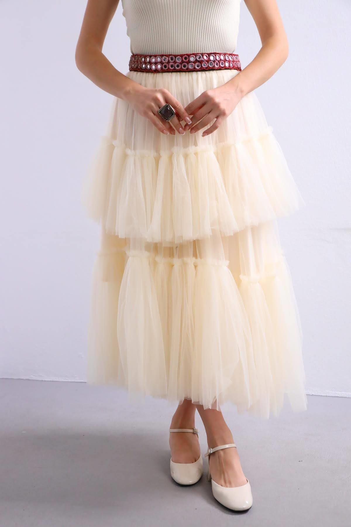  Krem Rengi Kat Kat Tül Etek