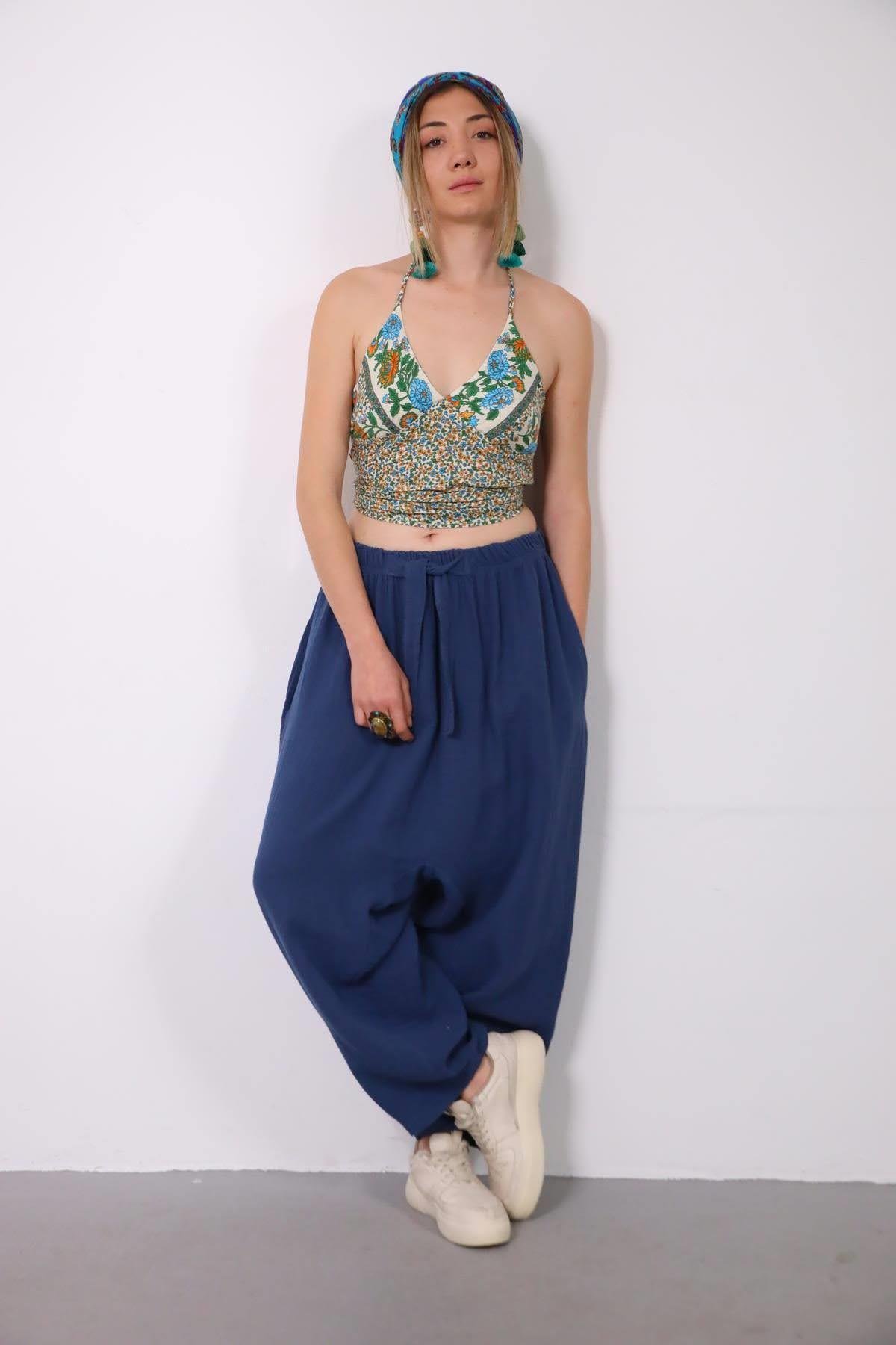  Petrol Mavisi Beli İpli Müslin Şalvar