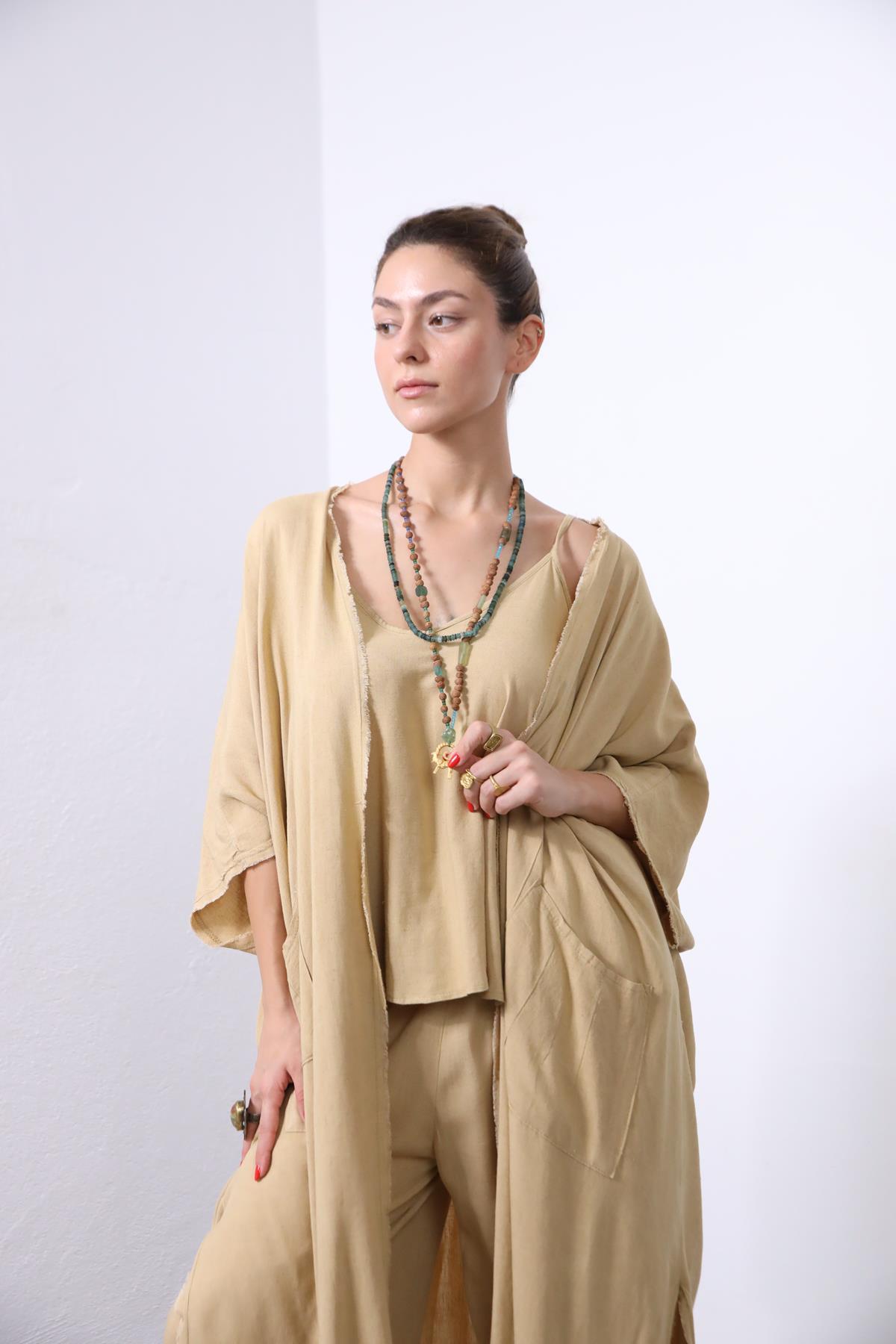  Camel Rengi Püsküllü Salaş Kısa Kollu Kaftan