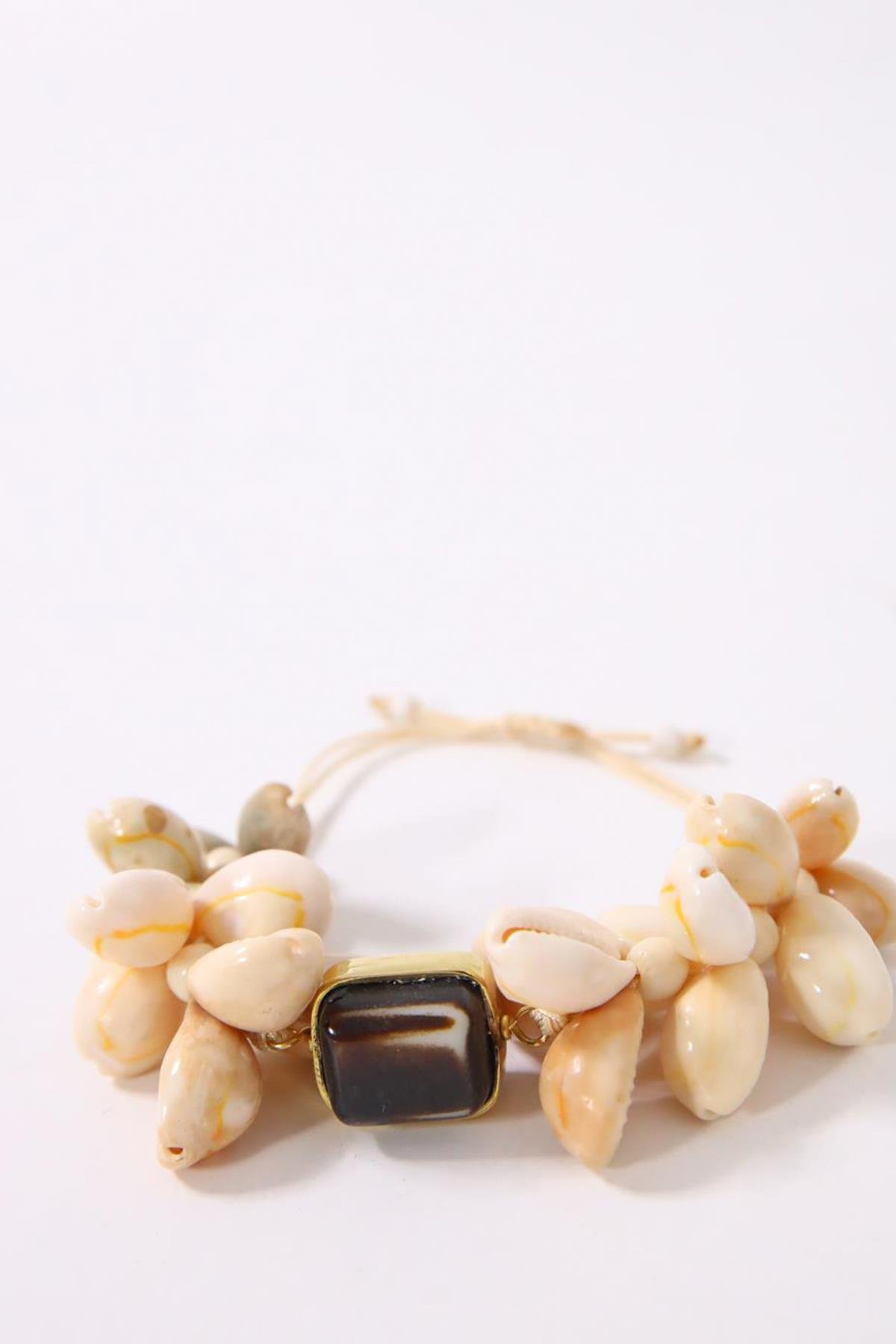  Doğal Taş Ve Gold Ahşap Detay Deniz Kabuğu Bileklik