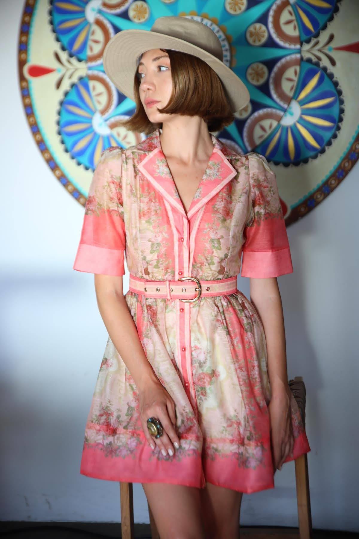  Somon Rengi Etnik Desenli Kemerli Elbise