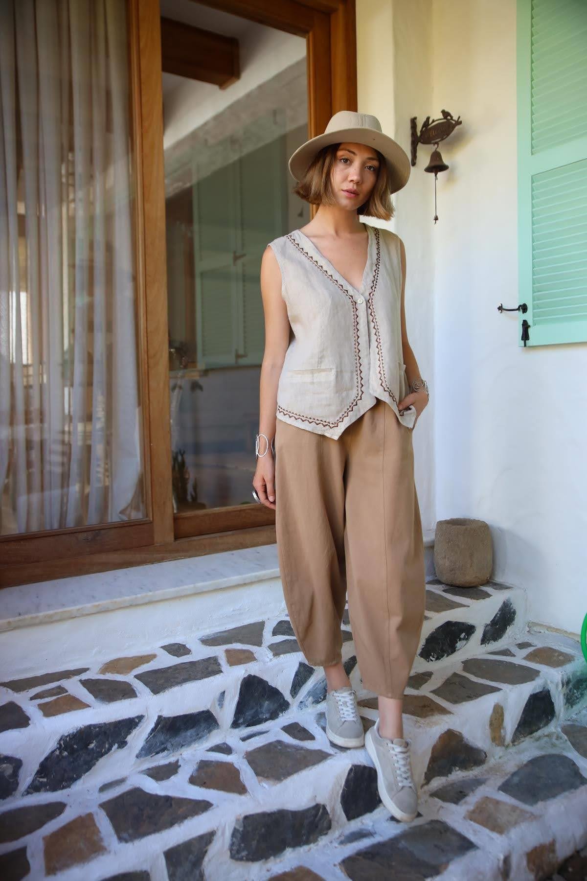 Camel Rengi Dikiş Detaylı Salaş Pantolon - Şaman Butik Camel Rengi Dikiş Detaylı Salaş Pantolon