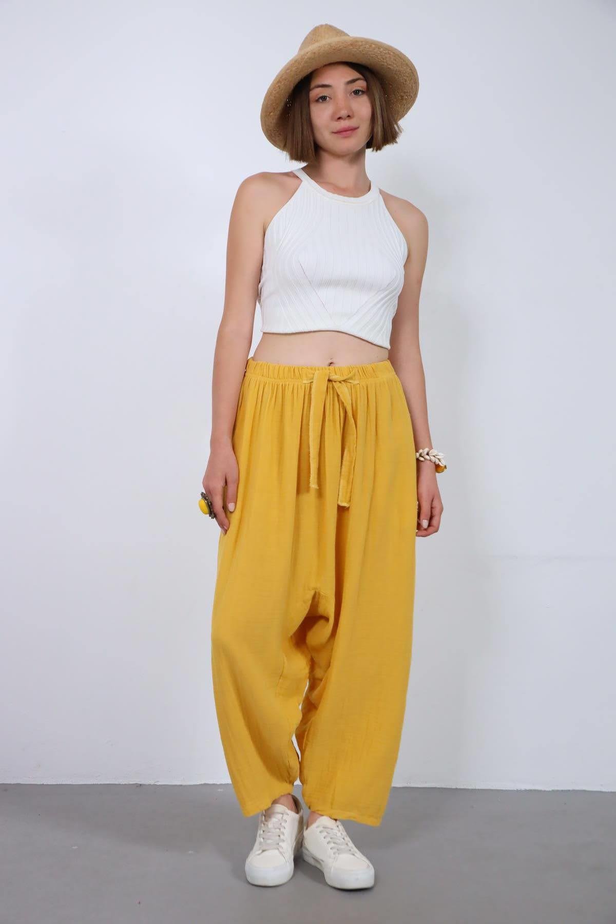  Sarı Beli İpli Müslin Şalvar