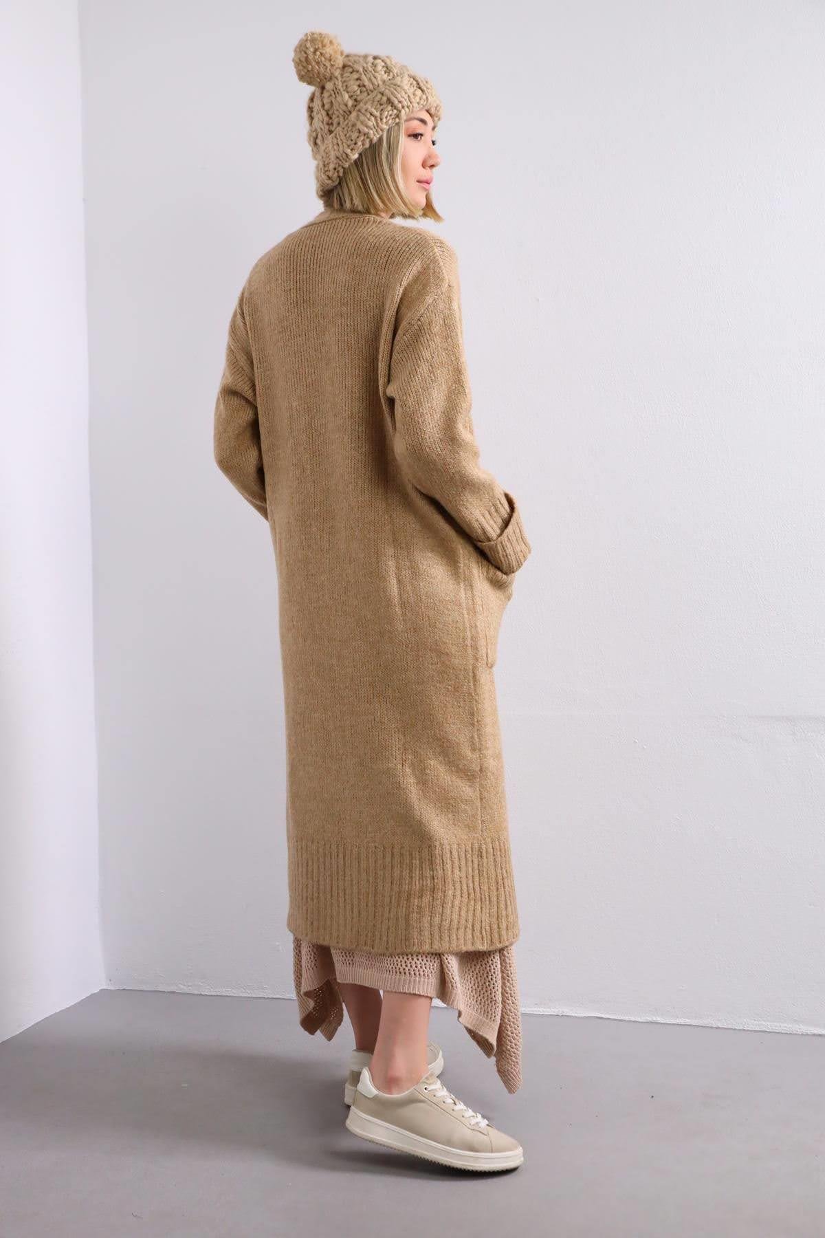 Camel Long Cardigan with Pockets - Saman Butik | Shop Online Camel Long Cardigan with Pockets