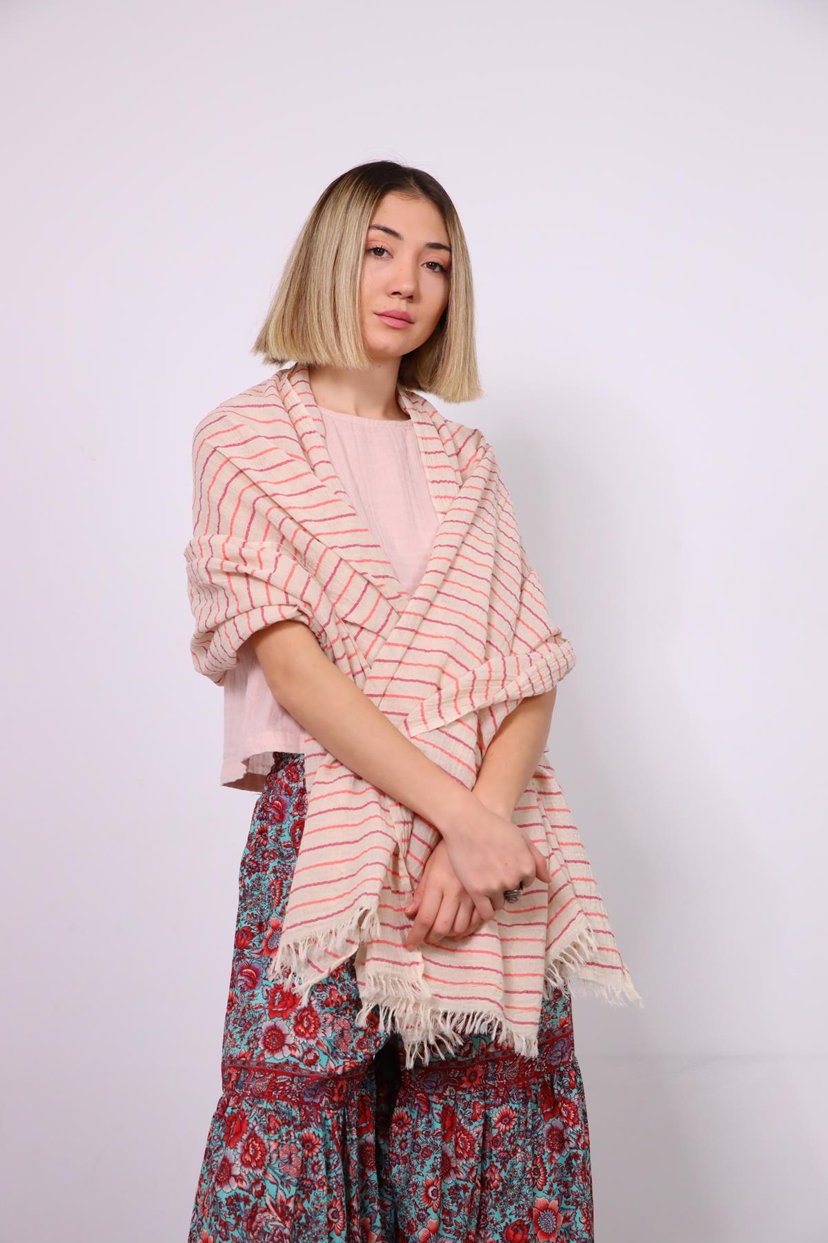 Fuşya-Nar Çiçeği Çizgili Keten Diba Şal - Şaman Butik Fuşya-Nar Çiçeği Çizgili Keten Diba Şal