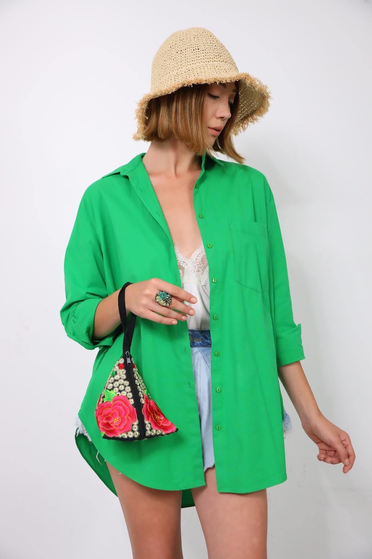 Green Single Pocket Round Cut Long Back Shirt - Saman Butik | Shop Online Green Single Pocket Round Cut Long Back Shirt