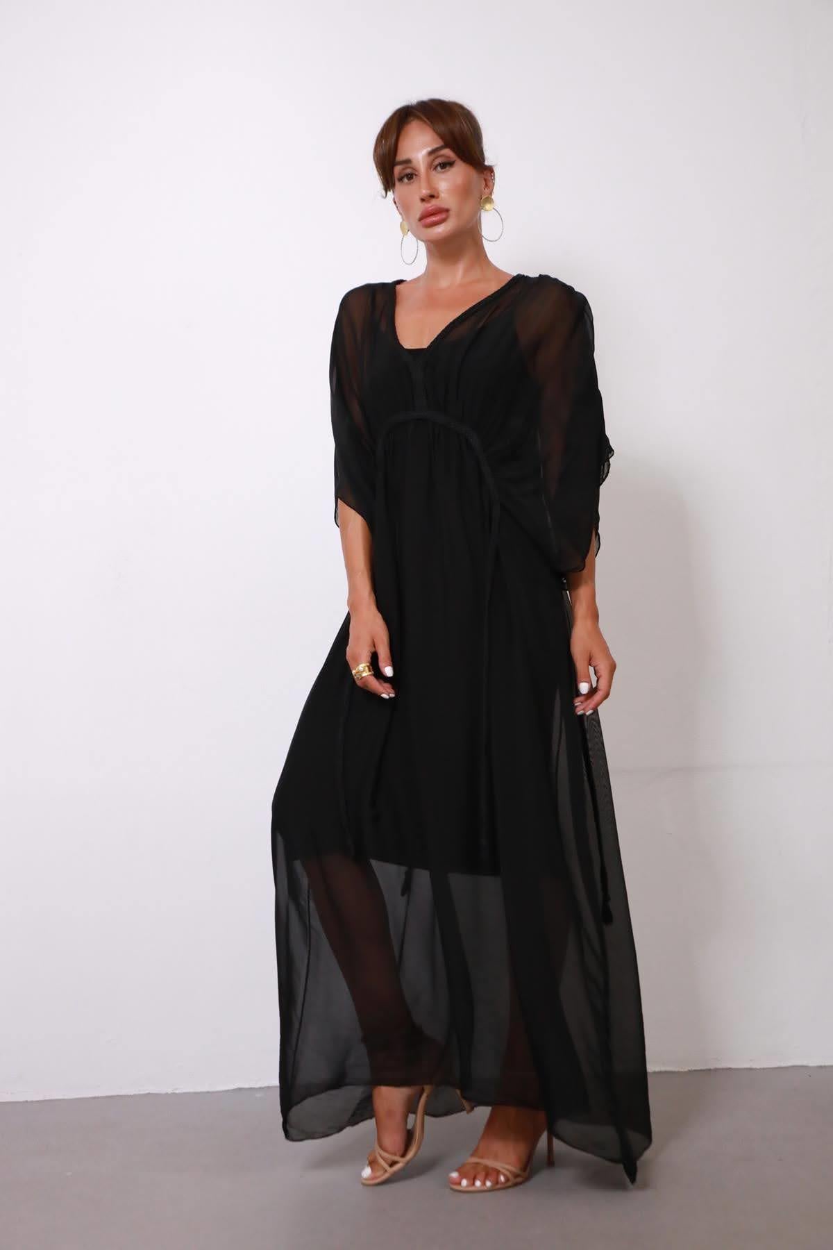  Siyah Örgü Detaylı Astarlı İpek Elbise