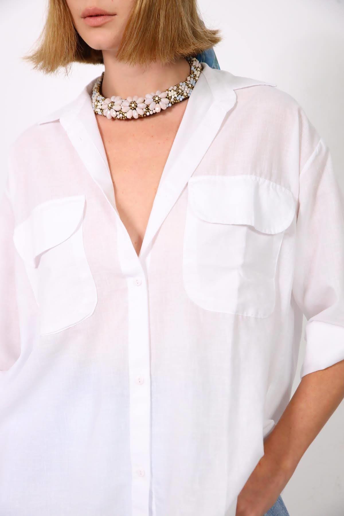 White Big Pocket Open Back Shirt - Saman Butik | Shop Online White Big Pocket Open Back Shirt