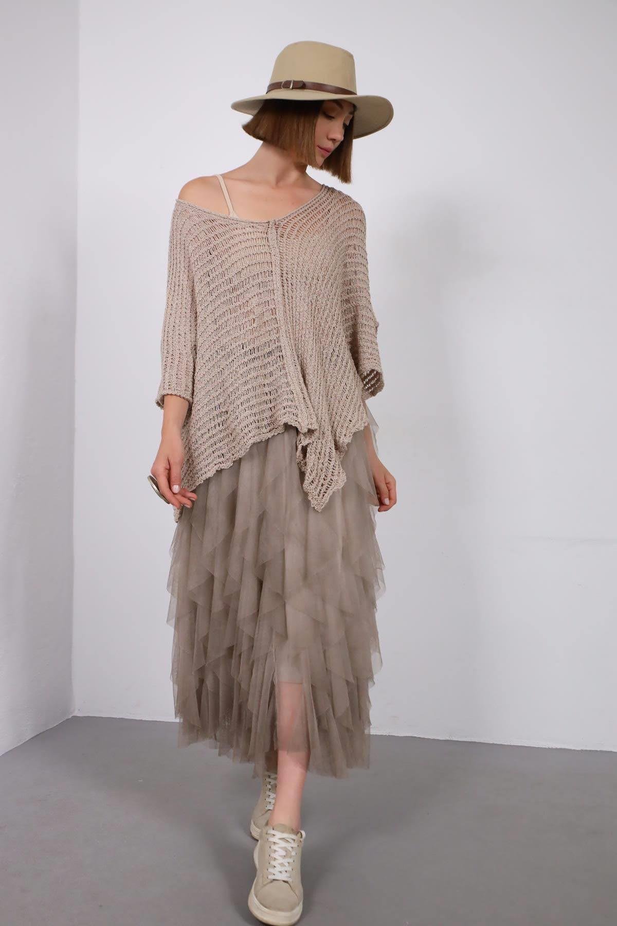 Vizon Rengi Yarasa Kol Önü Dikişli Asimetrik Triko Bluz - Şaman Butik Vizon Rengi Yarasa Kol Önü Dikişli Asimetrik Triko Bluz