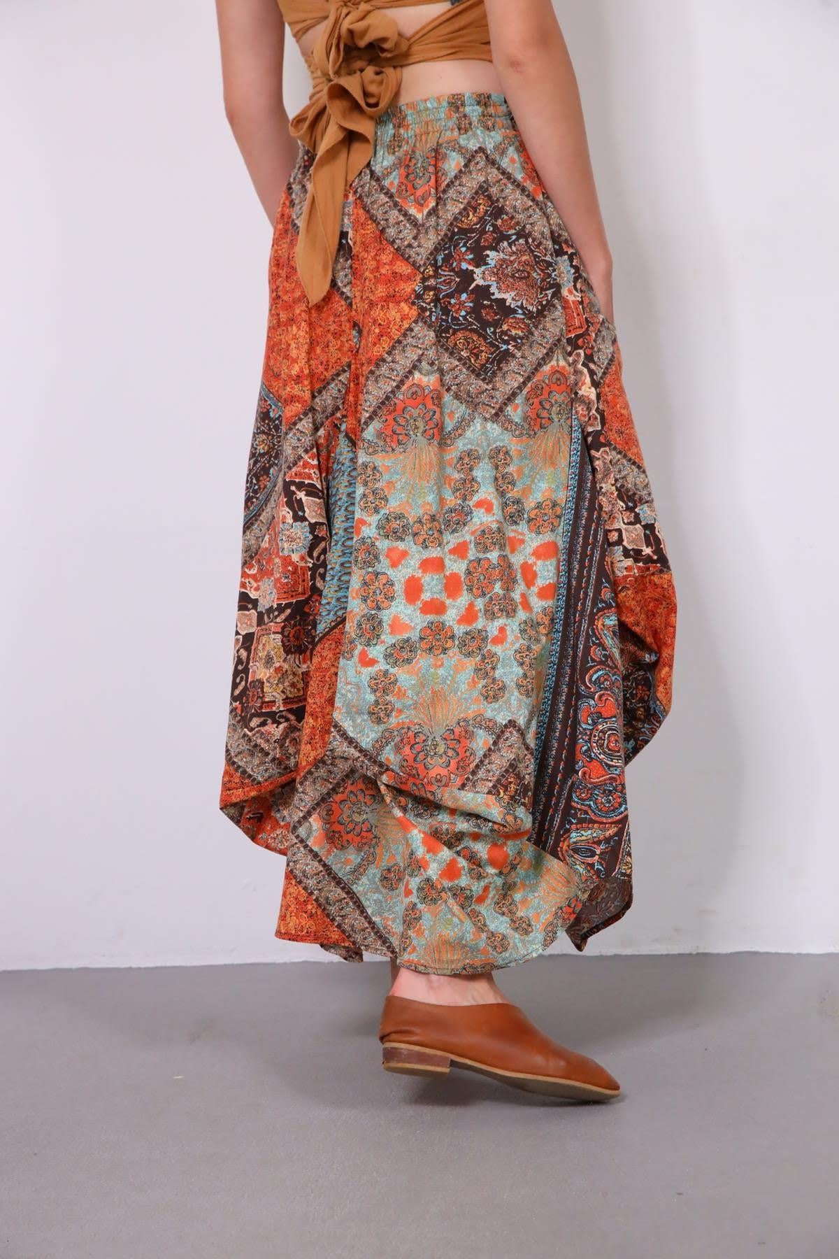  Turuncu Babil Desenli Kontes Etek