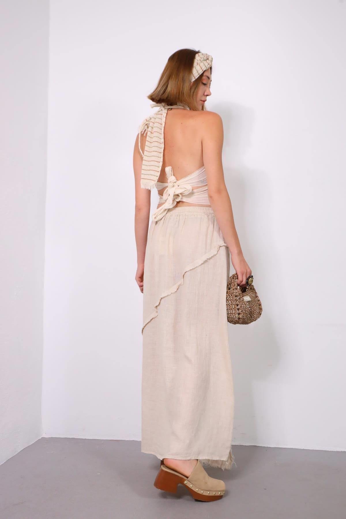  Krem Rengi Asimetrik Püsküllü Dikiş Detaylı Keten Etek