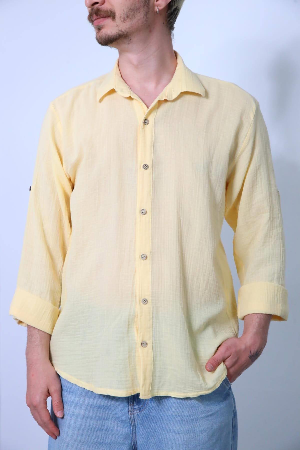 Limon Sarısı Kolları Apoletli Erkek Müslin Gömlek