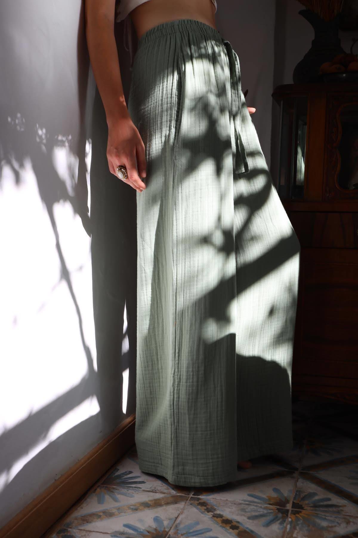  Mint Yeşili Beli Lastikli İp Detaylı Müslin Pantolon