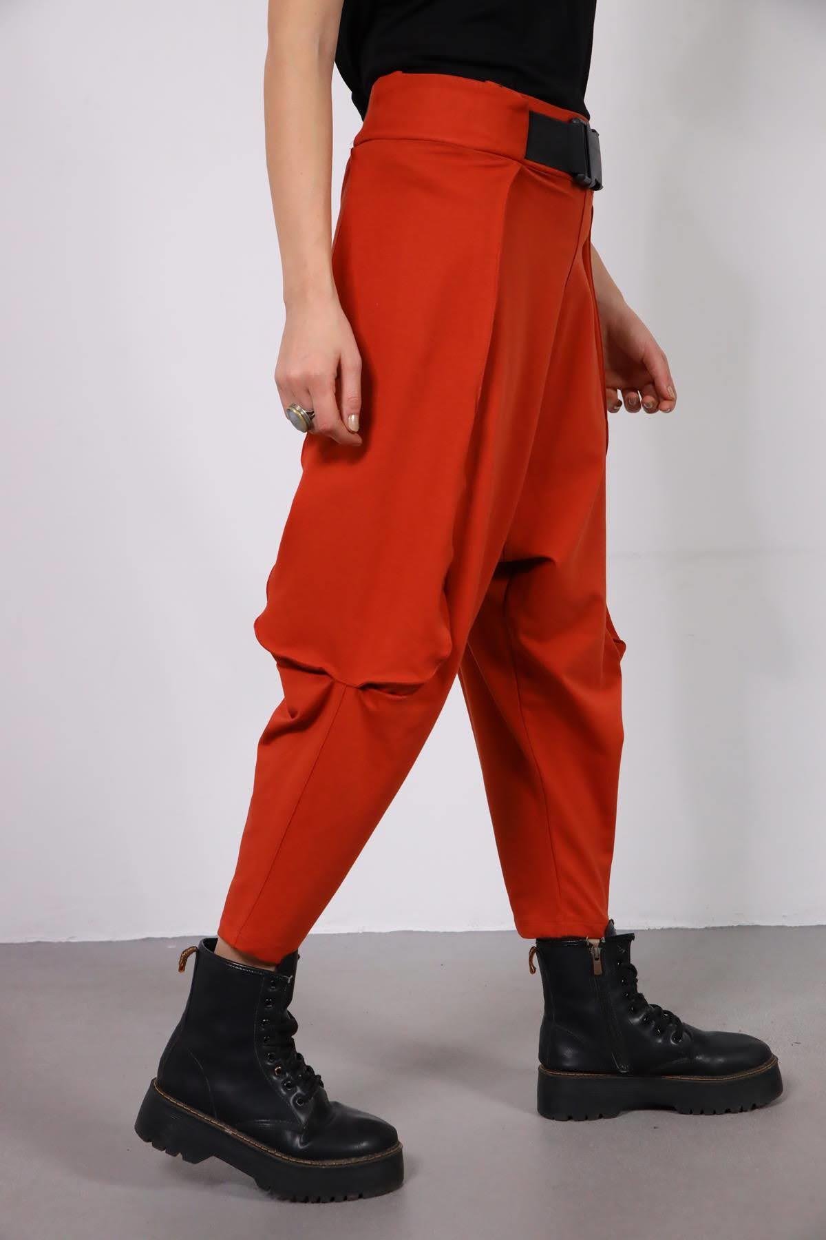 Brick Red Belted Drop Crotch Trousers - Saman Butik | Shop Online Brick Red Belted Drop Crotch Trousers