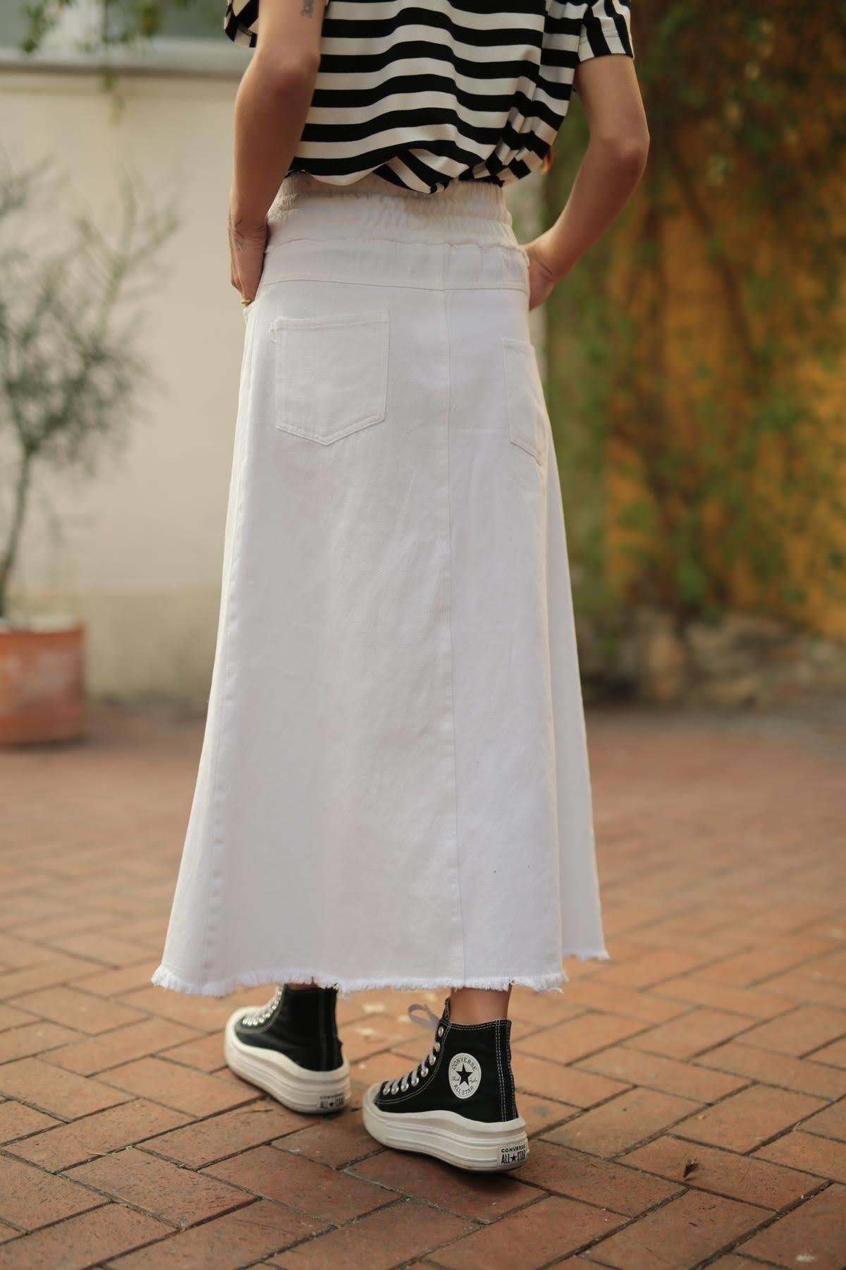 Ekru Beli Lastikli Püsküllü Kot Etek