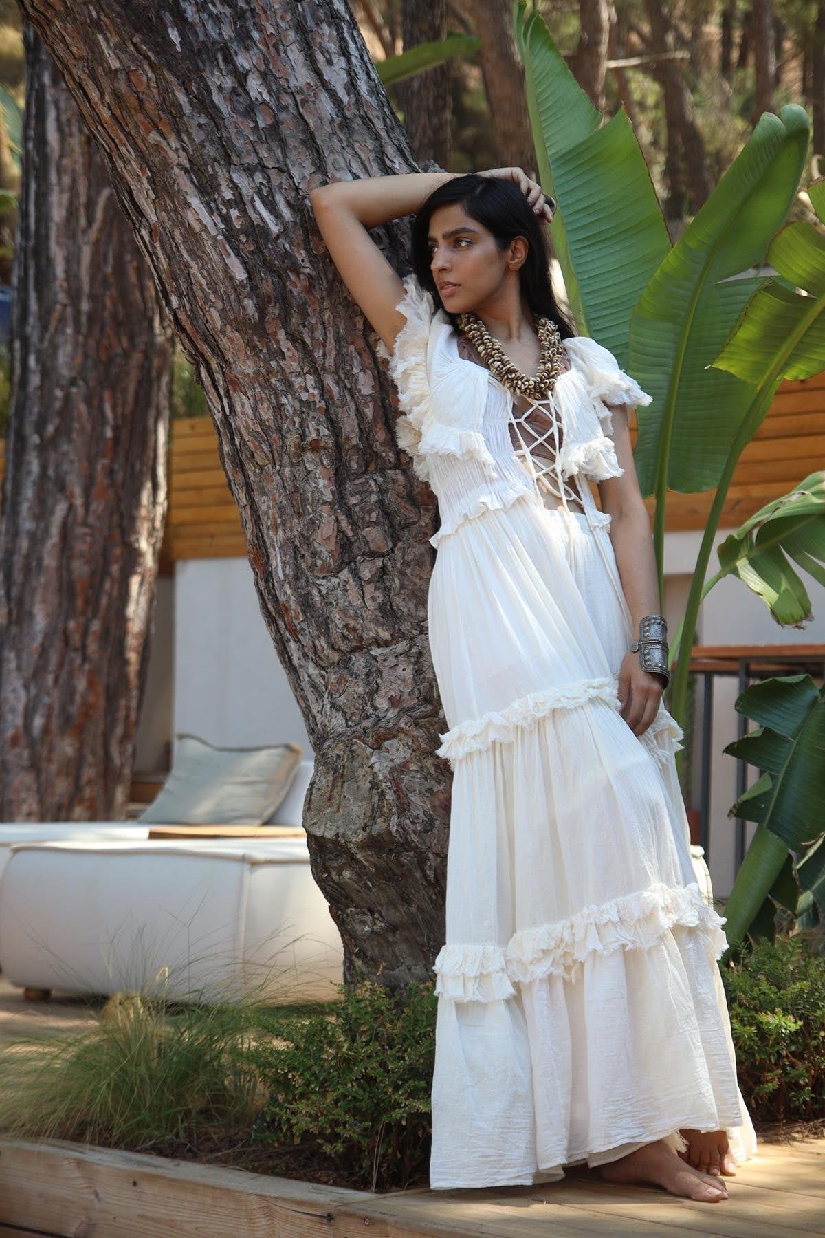 Ecru Brit Detail Flounced Bohemian Kimono