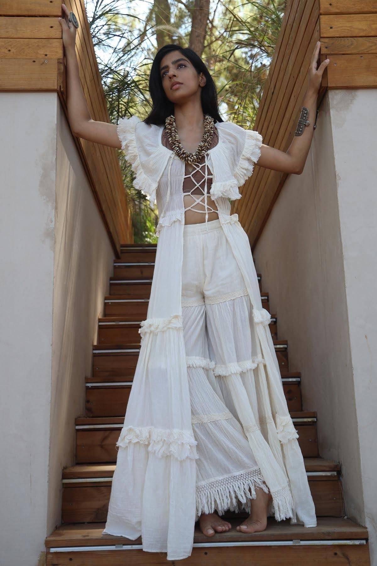 Ecru Brit Detail Flounced Bohemian Kimono