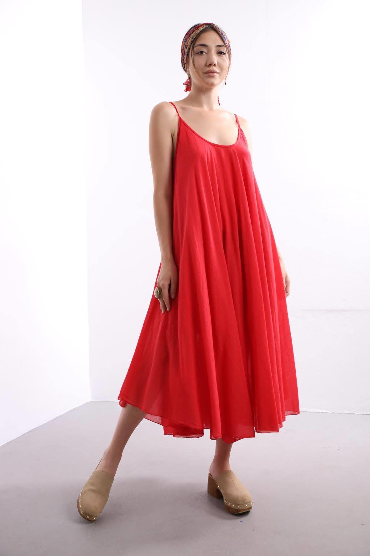 Kırmızı Askılı Bluz Detaylı Elbise - Şaman Butik Kırmızı Askılı Bluz Detaylı Elbise