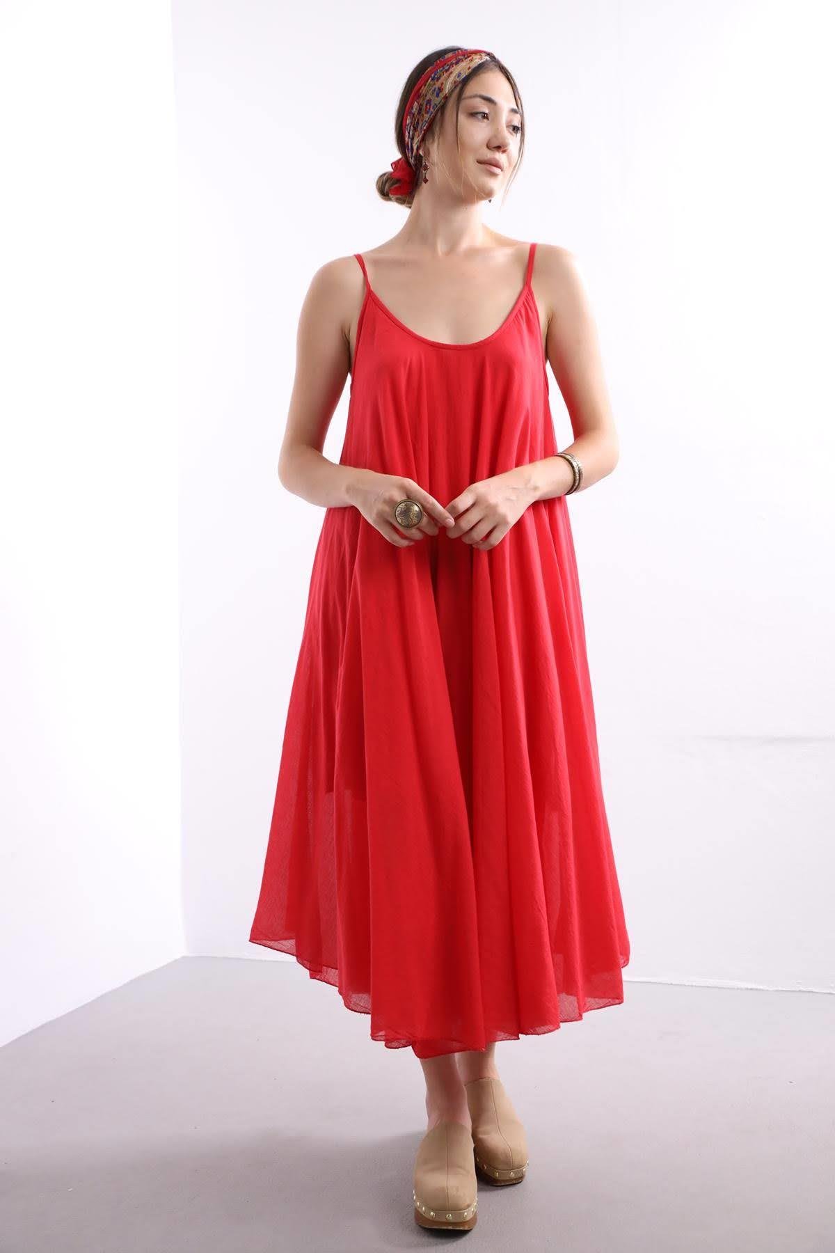 Kırmızı Askılı Bluz Detaylı Elbise - Şaman Butik Kırmızı Askılı Bluz Detaylı Elbise