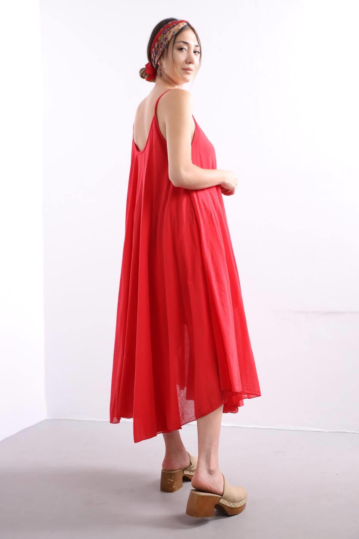 Kırmızı Askılı Bluz Detaylı Elbise - Şaman Butik Kırmızı Askılı Bluz Detaylı Elbise