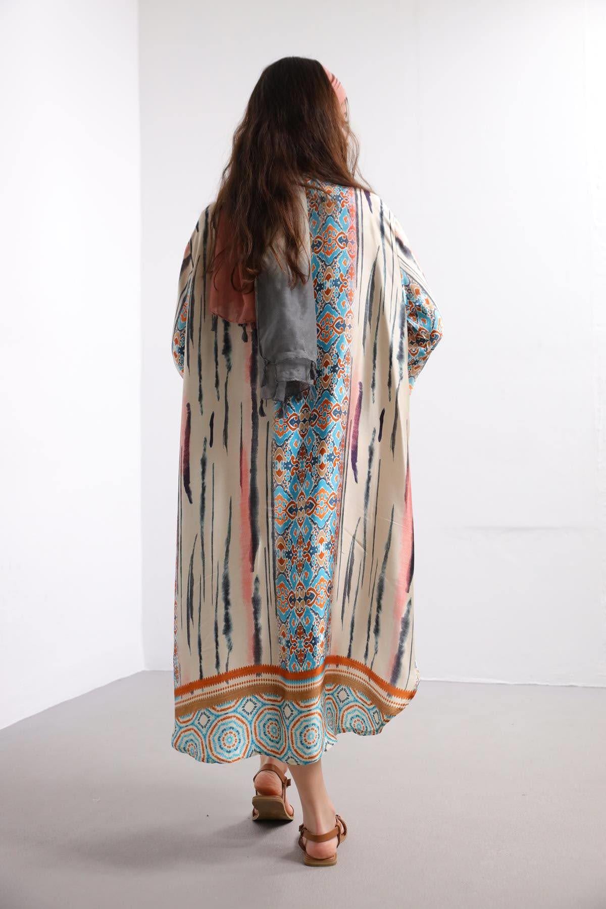 Krem Rengi Batikli Yakalı Elbise - Şaman Butik Krem Rengi Batikli Yakalı Elbise