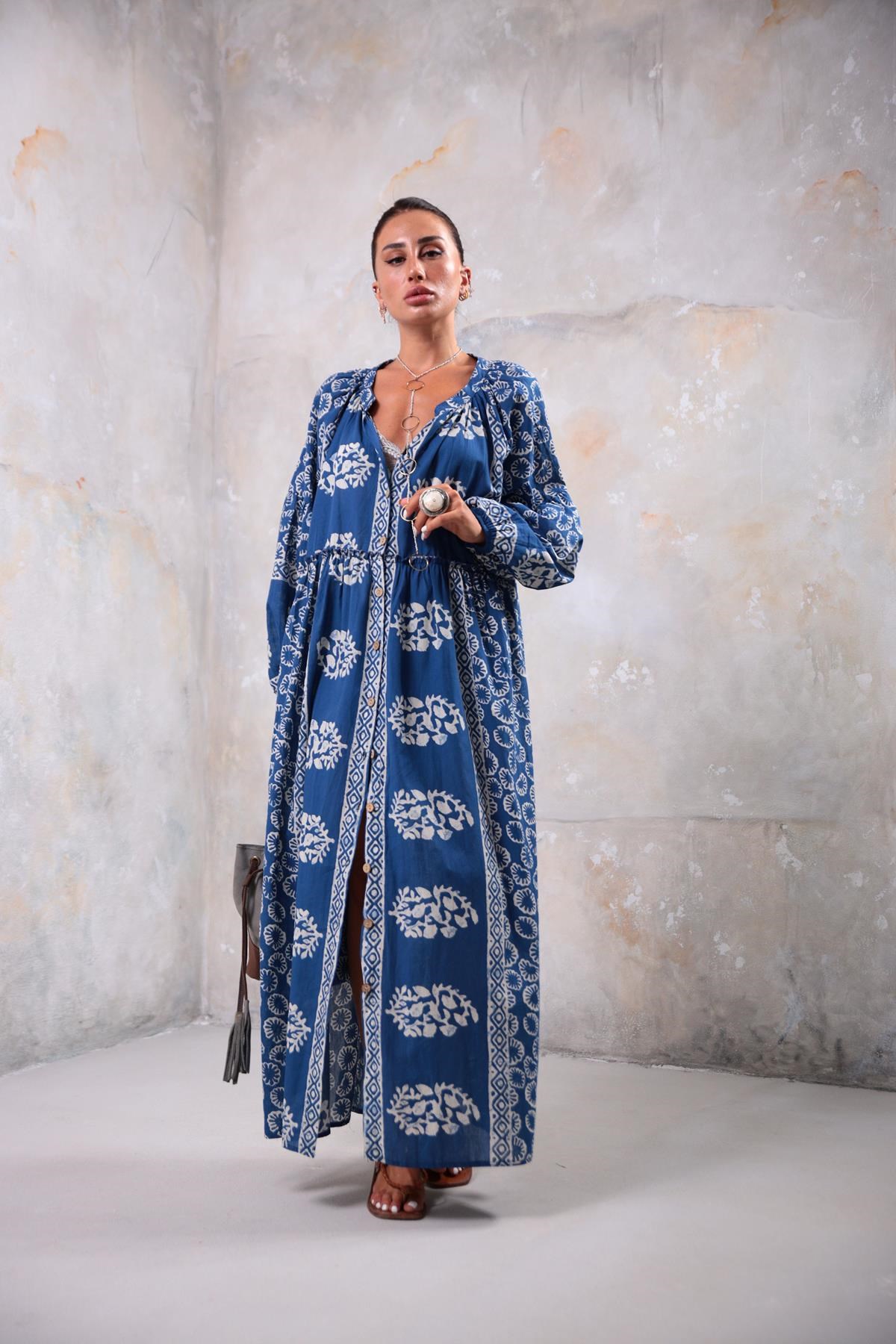 Navy Blue Thai Pattern Long Shirt Dress - Saman Butik | Shop Online Navy Blue Thai Pattern Long Shirt Dress