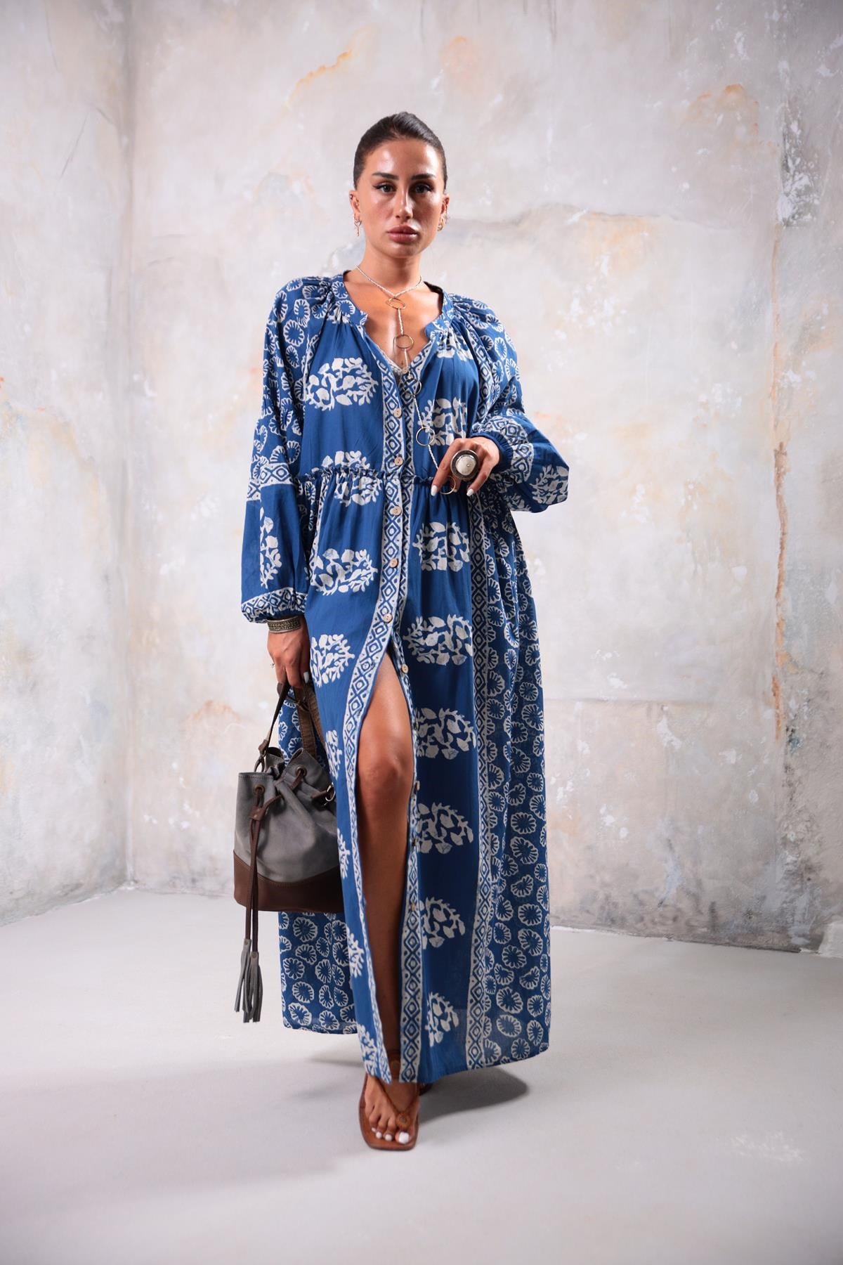 Navy Blue Thai Pattern Long Shirt Dress - Saman Butik | Shop Online Navy Blue Thai Pattern Long Shirt Dress