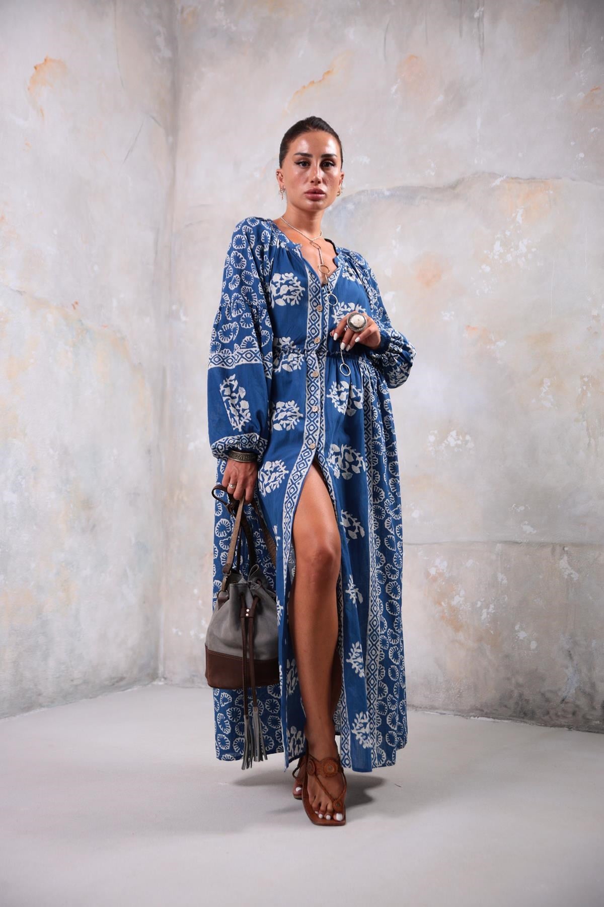 Navy Blue Thai Pattern Long Shirt Dress - Saman Butik | Shop Online Navy Blue Thai Pattern Long Shirt Dress