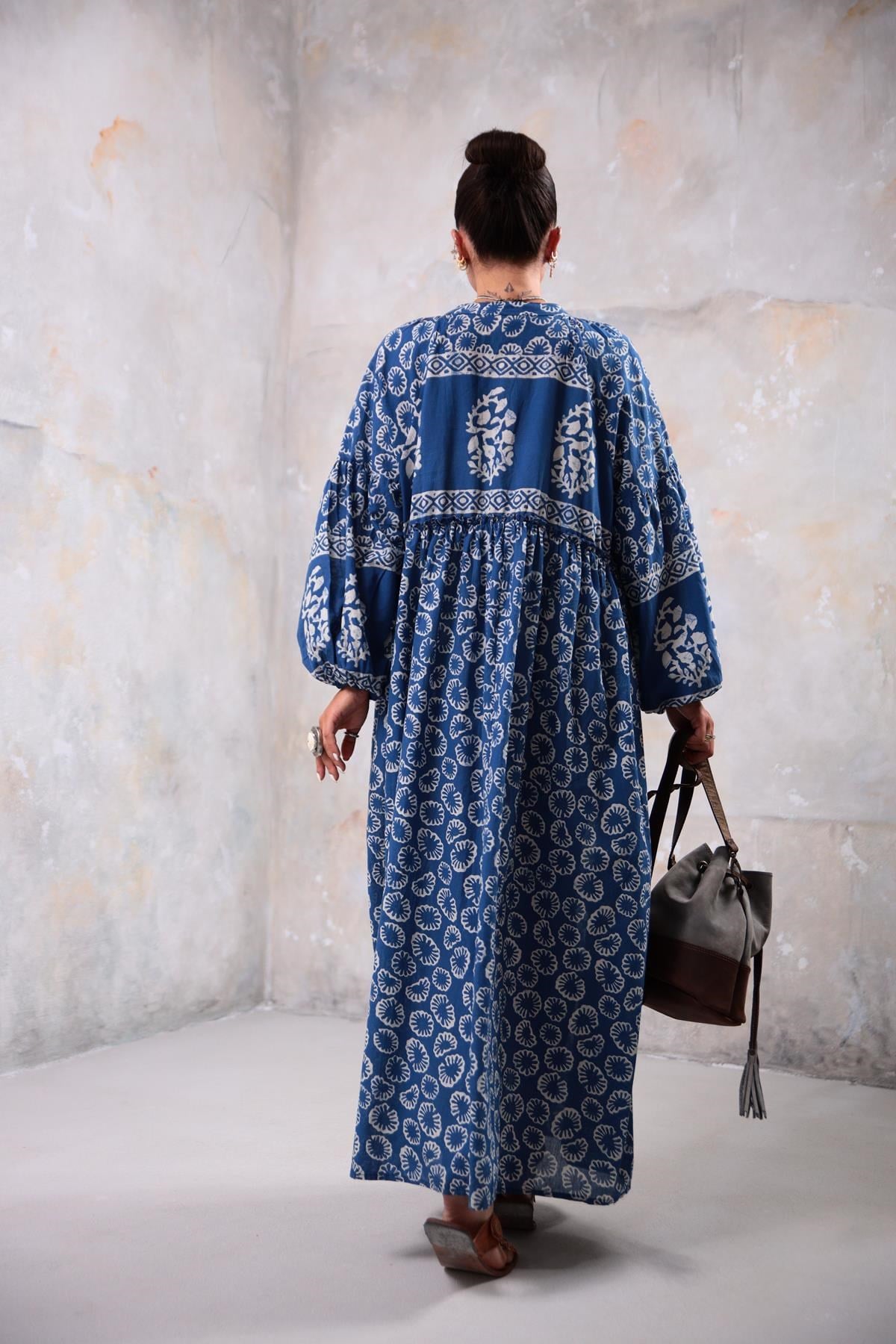 Navy Blue Thai Pattern Long Shirt Dress - Saman Butik | Shop Online Navy Blue Thai Pattern Long Shirt Dress