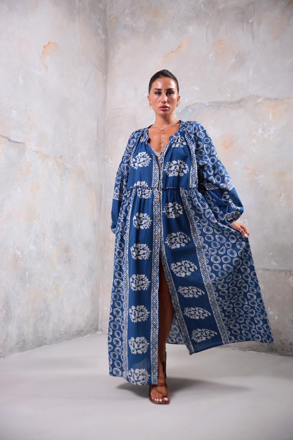 Navy Blue Thai Pattern Long Shirt Dress - Saman Butik | Shop Online Navy Blue Thai Pattern Long Shirt Dress