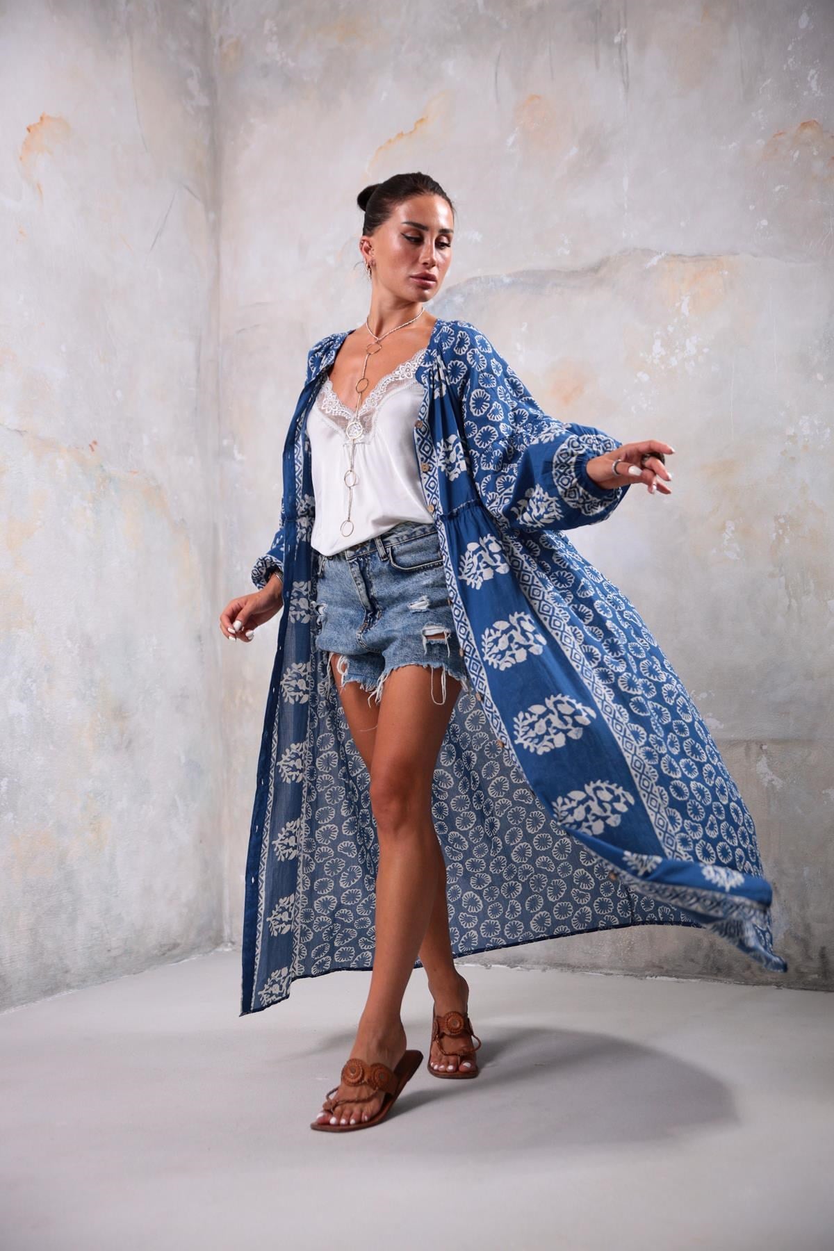 Navy Blue Thai Pattern Long Shirt Dress - Saman Butik | Shop Online Navy Blue Thai Pattern Long Shirt Dress