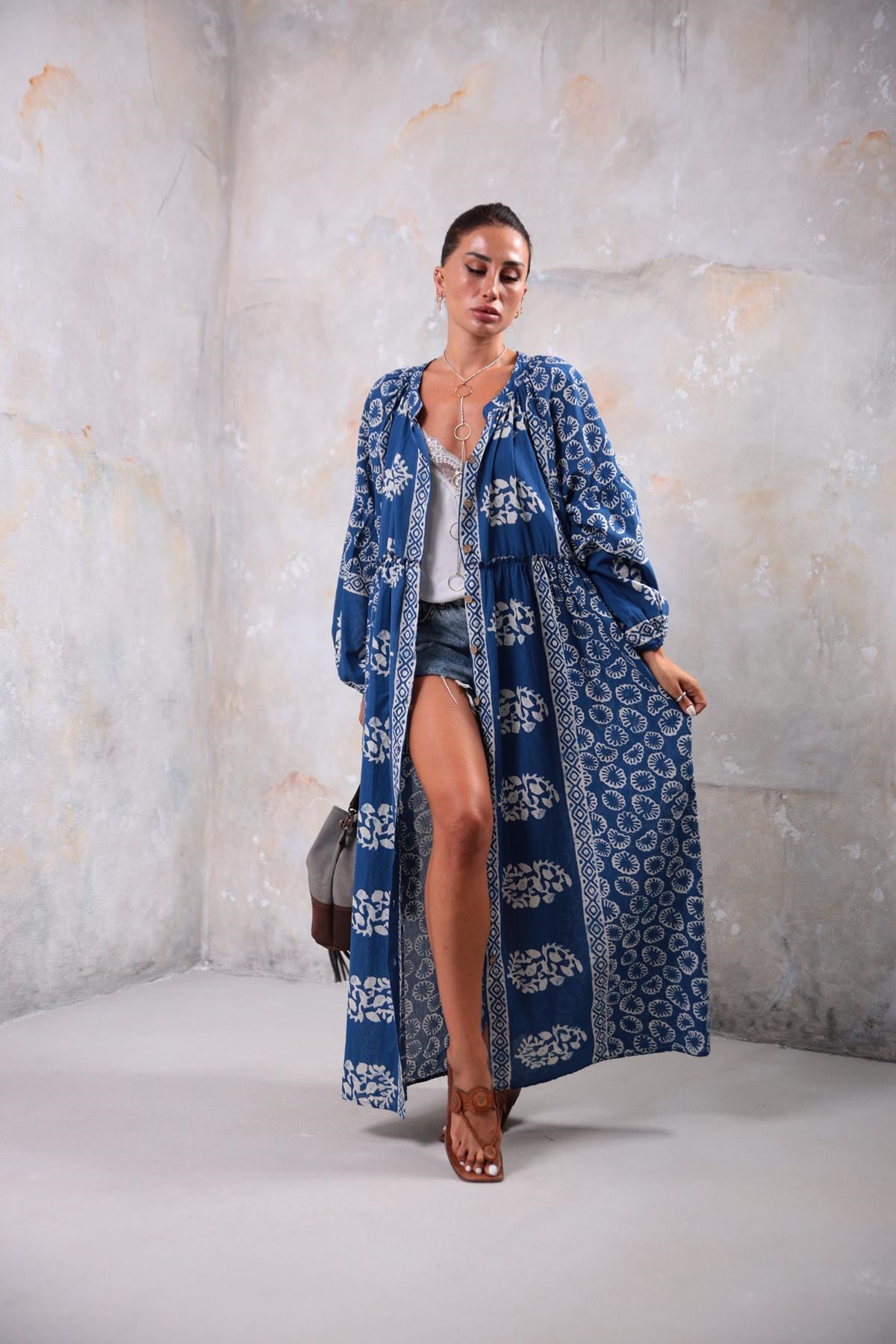 Navy Blue Thai Pattern Long Shirt Dress - Saman Butik | Shop Online Navy Blue Thai Pattern Long Shirt Dress