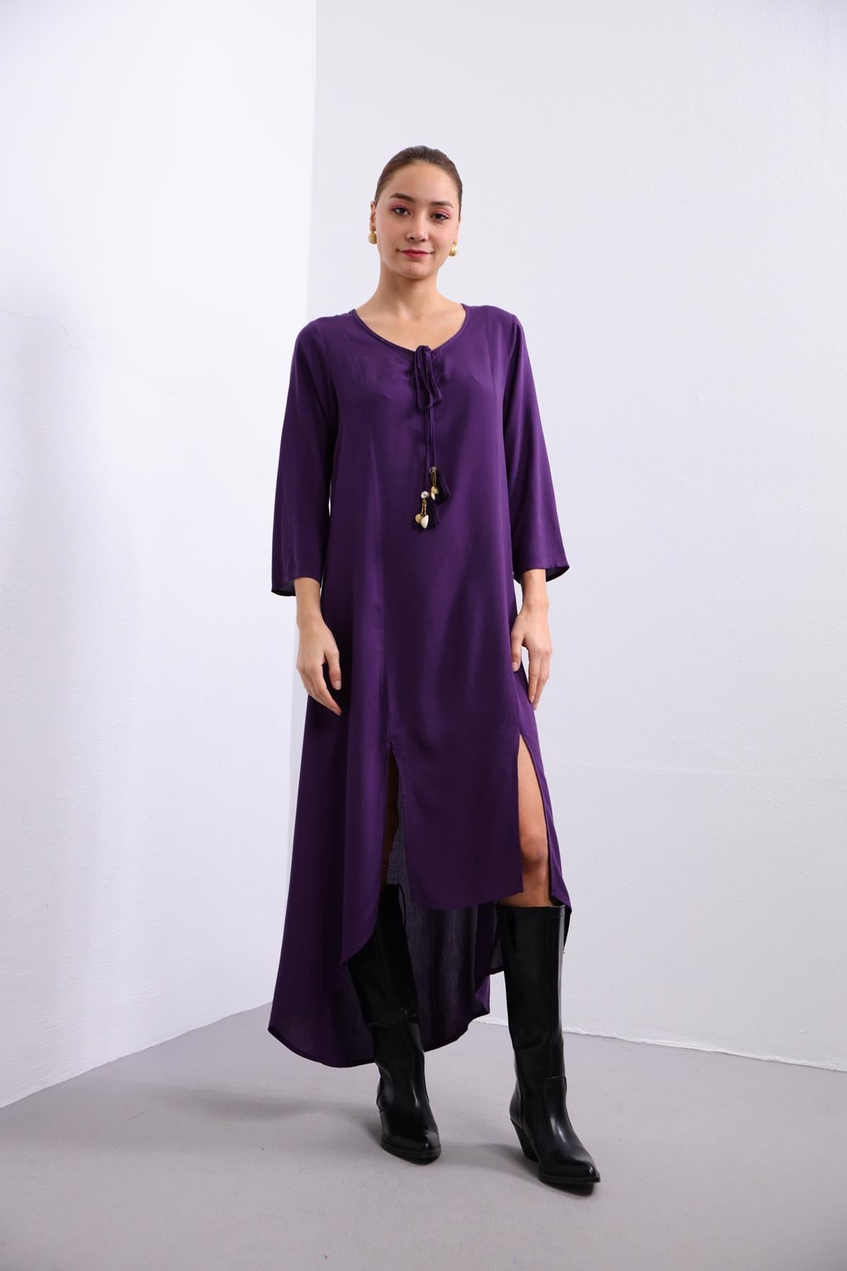 Mor Truvakar Kol Yırtmaçlı Tunik Elbise - Şaman Butik - Bohem Giyim ve Aksesuar | Kadın & Erkek Mor Truvakar Kol Yırtmaçlı Tunik Elbise
