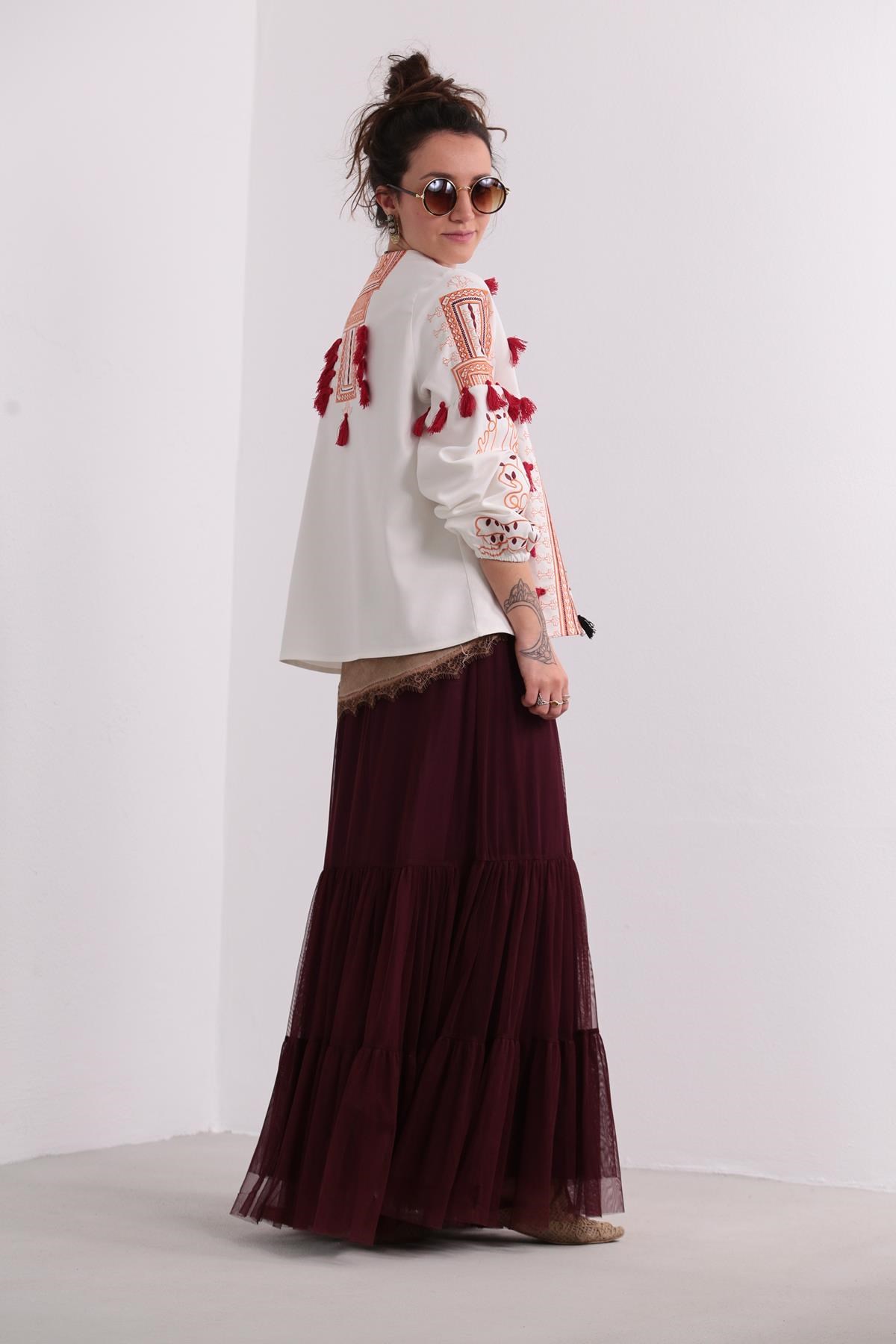 Bordo Uzun Astarlı Tül Etek - Şaman Butik Bordo Uzun Astarlı Tül Etek