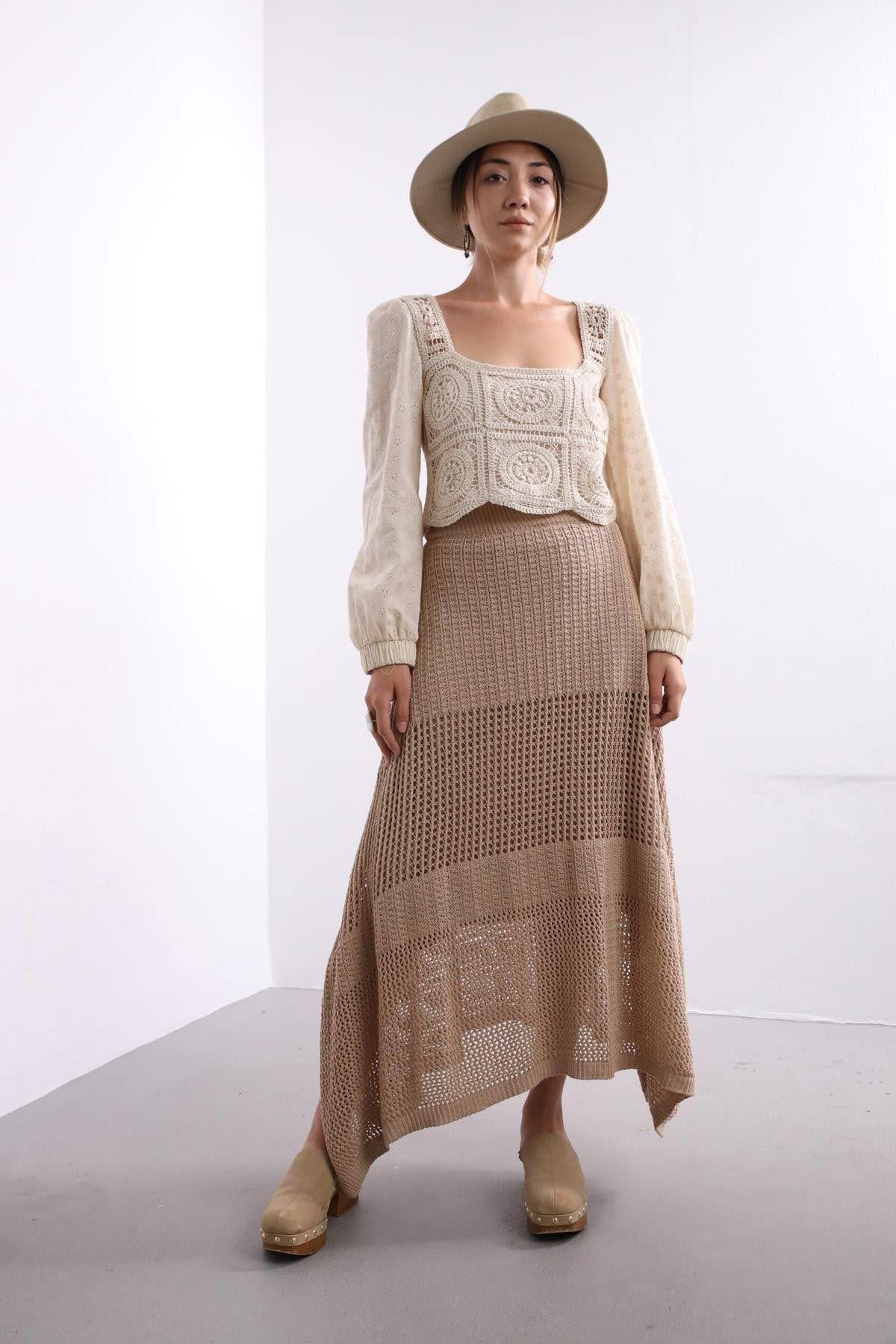 Camel Rengi Örme Etek - Şaman Butik Camel Rengi Örme Etek