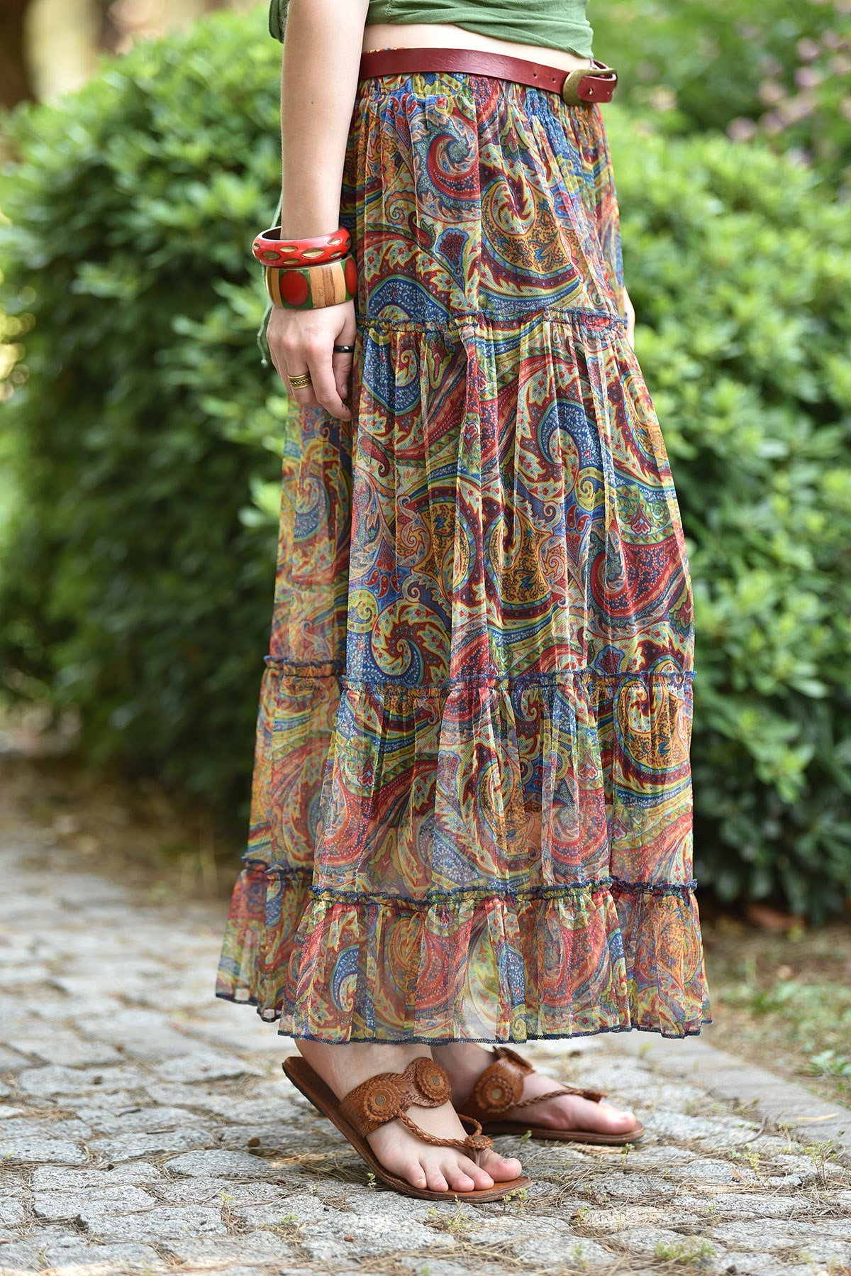 Lacivert Desenli Kat Kat Tül Etek Fıstık Yeşili Desenli Kat Kat Tül Etek