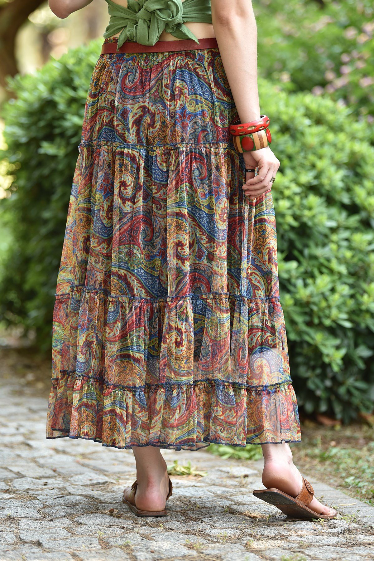 Lacivert Desenli Kat Kat Tül Etek Fıstık Yeşili Desenli Kat Kat Tül Etek