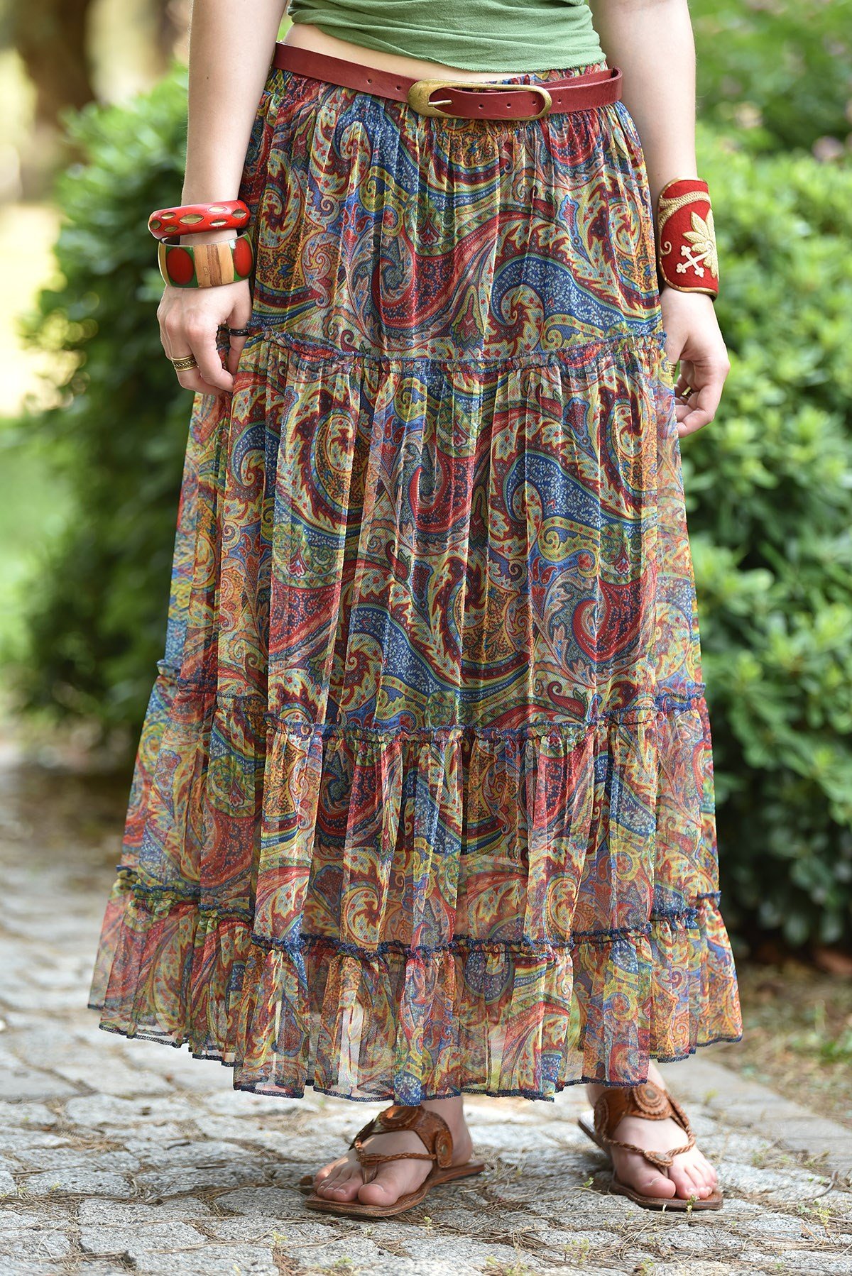 Lacivert Desenli Kat Kat Tül Etek Fıstık Yeşili Desenli Kat Kat Tül Etek