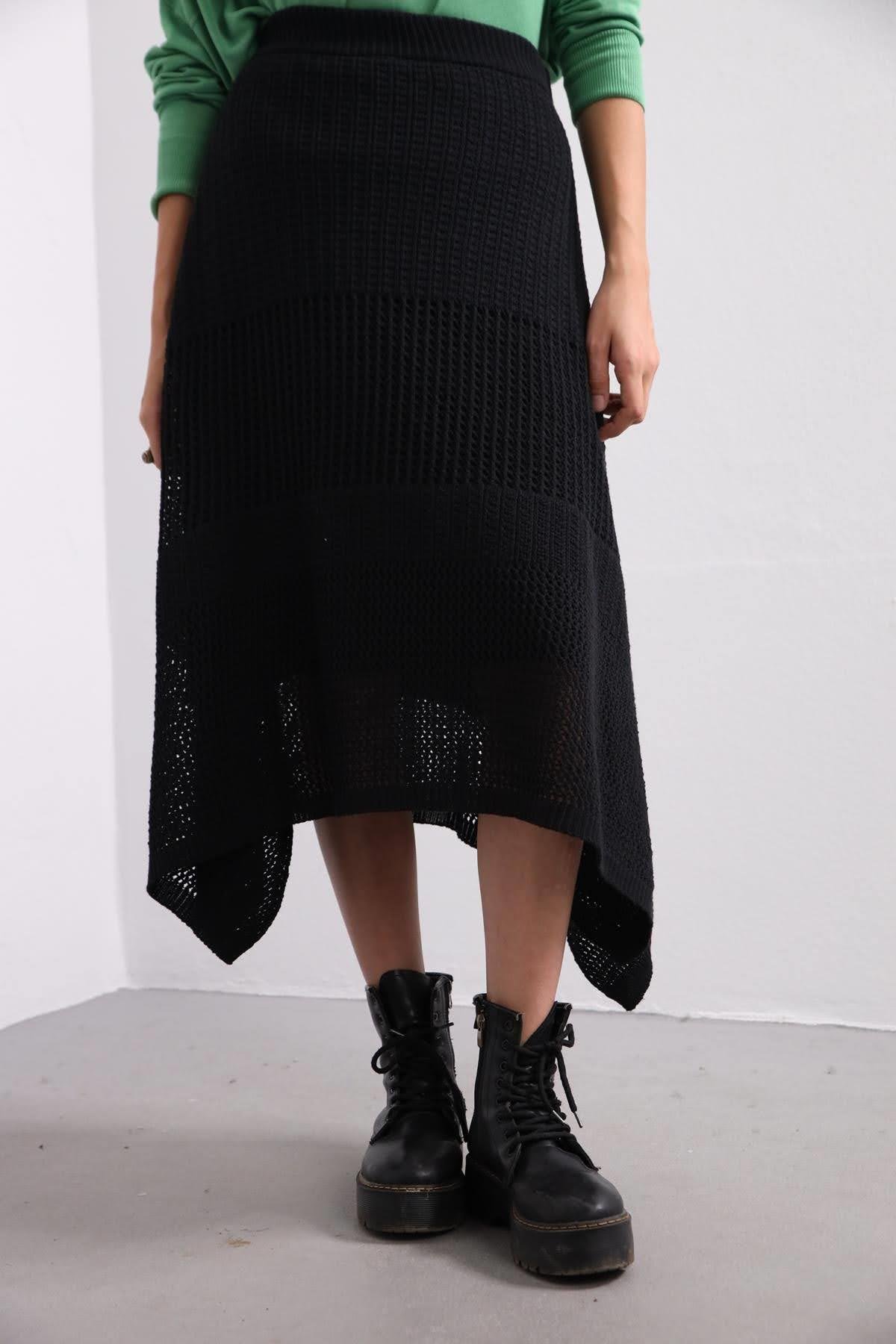 Navy Blue Floral Stitched Waist Shirt Dress - Şaman Butik Black Knit Skirt with Interlining