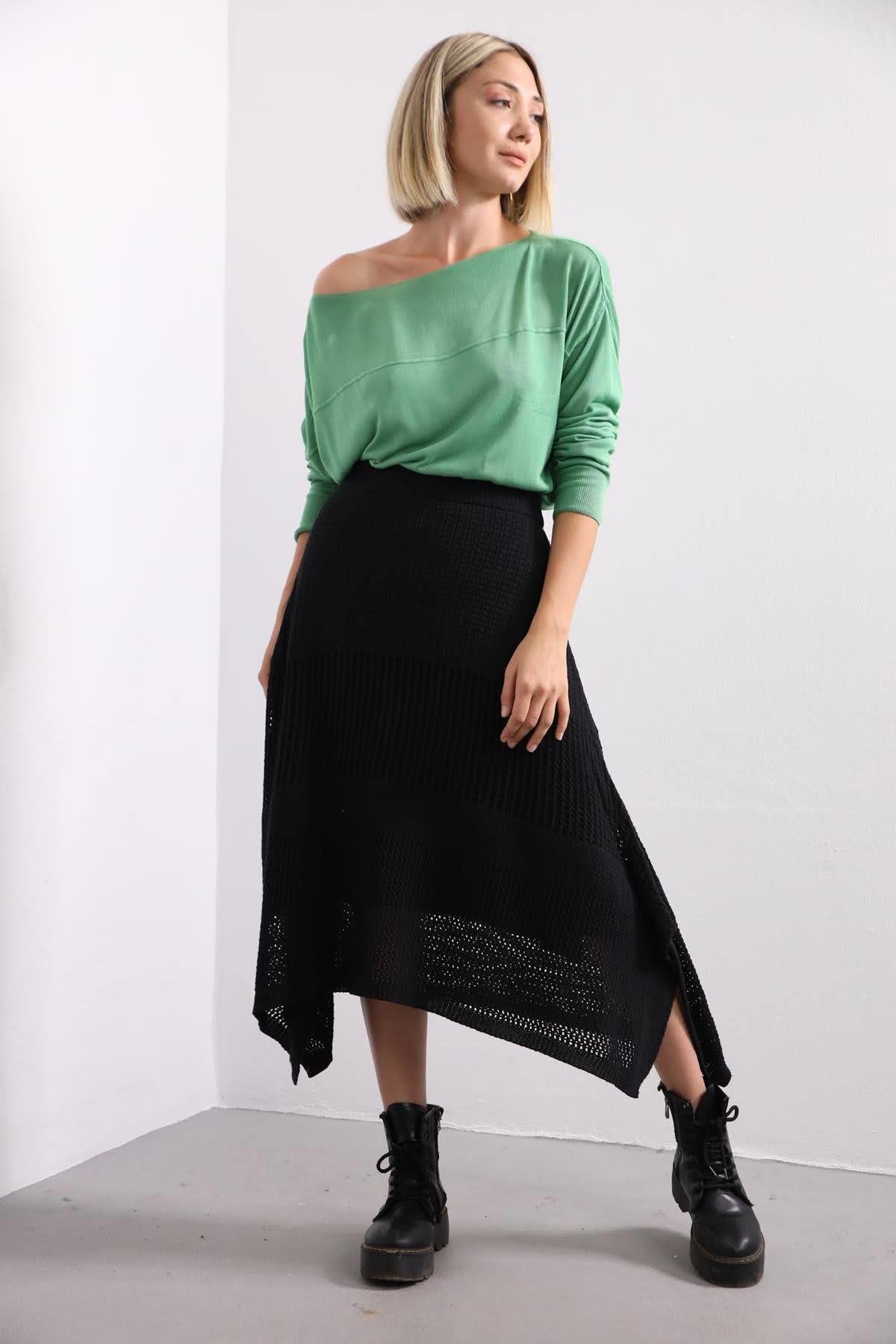 Navy Blue Floral Stitched Waist Shirt Dress - Şaman Butik Black Knit Skirt with Interlining