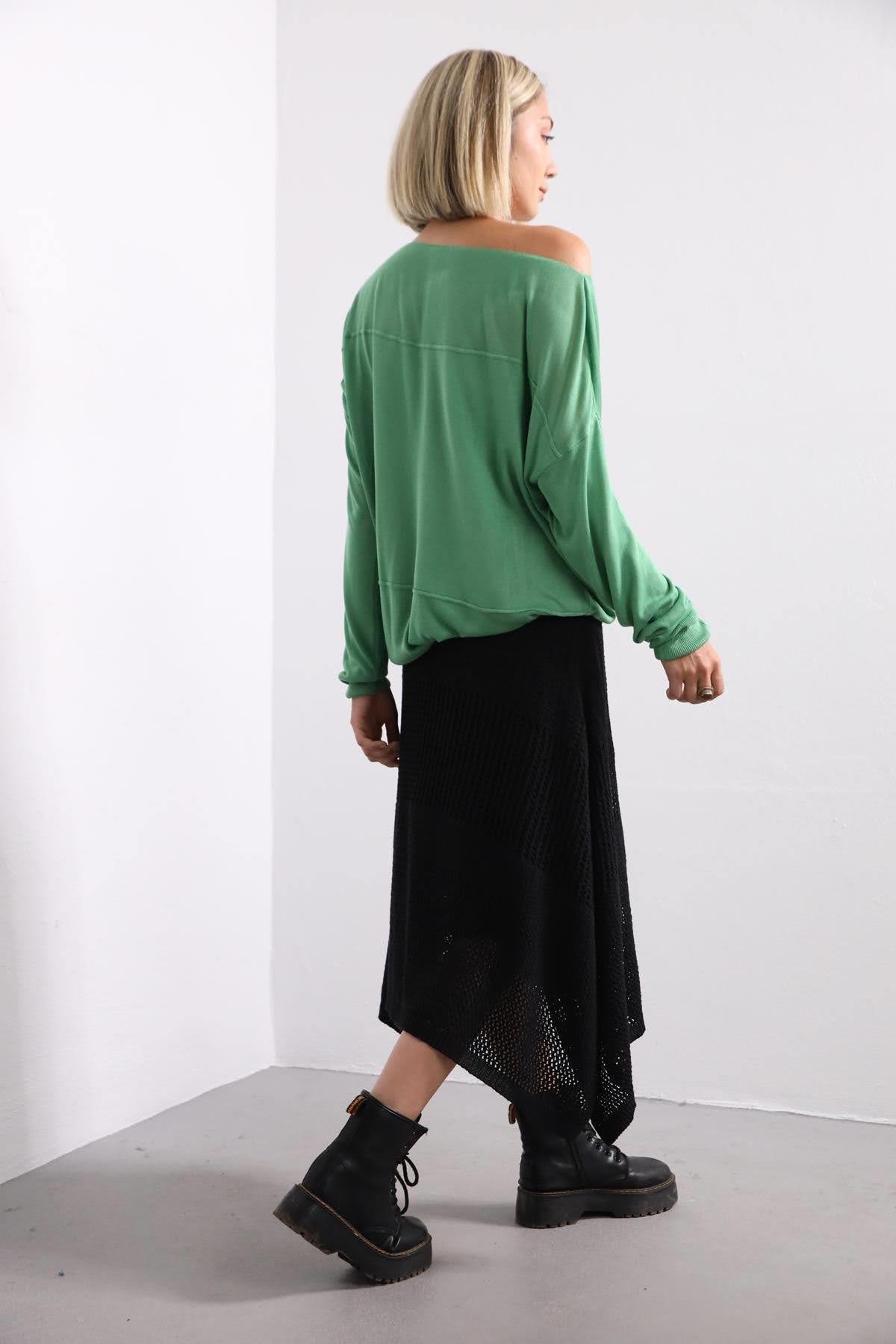 Navy Blue Floral Stitched Waist Shirt Dress - Şaman Butik Black Knit Skirt with Interlining