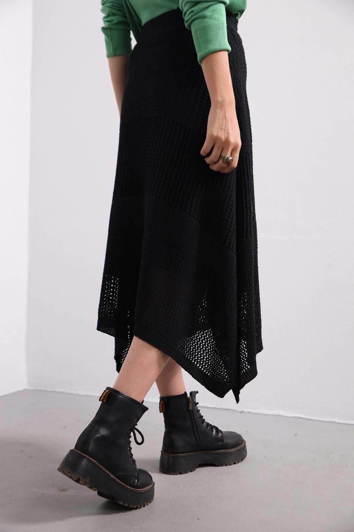 Navy Blue Floral Stitched Waist Shirt Dress - Şaman Butik Black Knit Skirt with Interlining