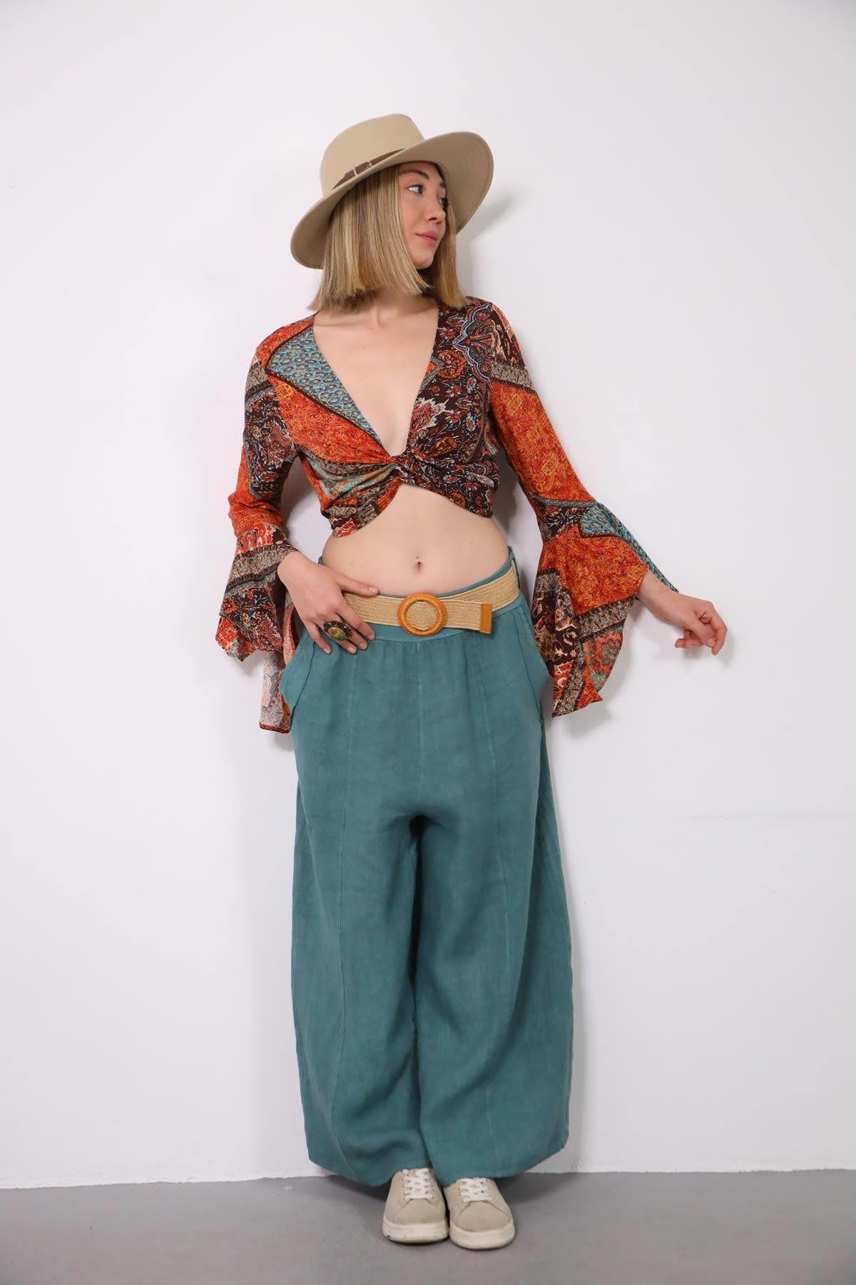 Brown Patterned Flared Sleeve Wrap Crop Blouse - Saman Butik | Shop Online Brown Patterned Flared Sleeve Wrap Crop Blouse