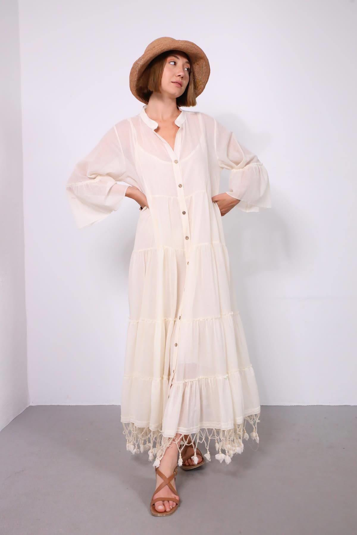 Fildişi Hakim Yaka Eteği Püsküllü Gömlek Elbise - Şaman Butik Fildişi Hakim Yaka Eteği Püsküllü Gömlek Elbise