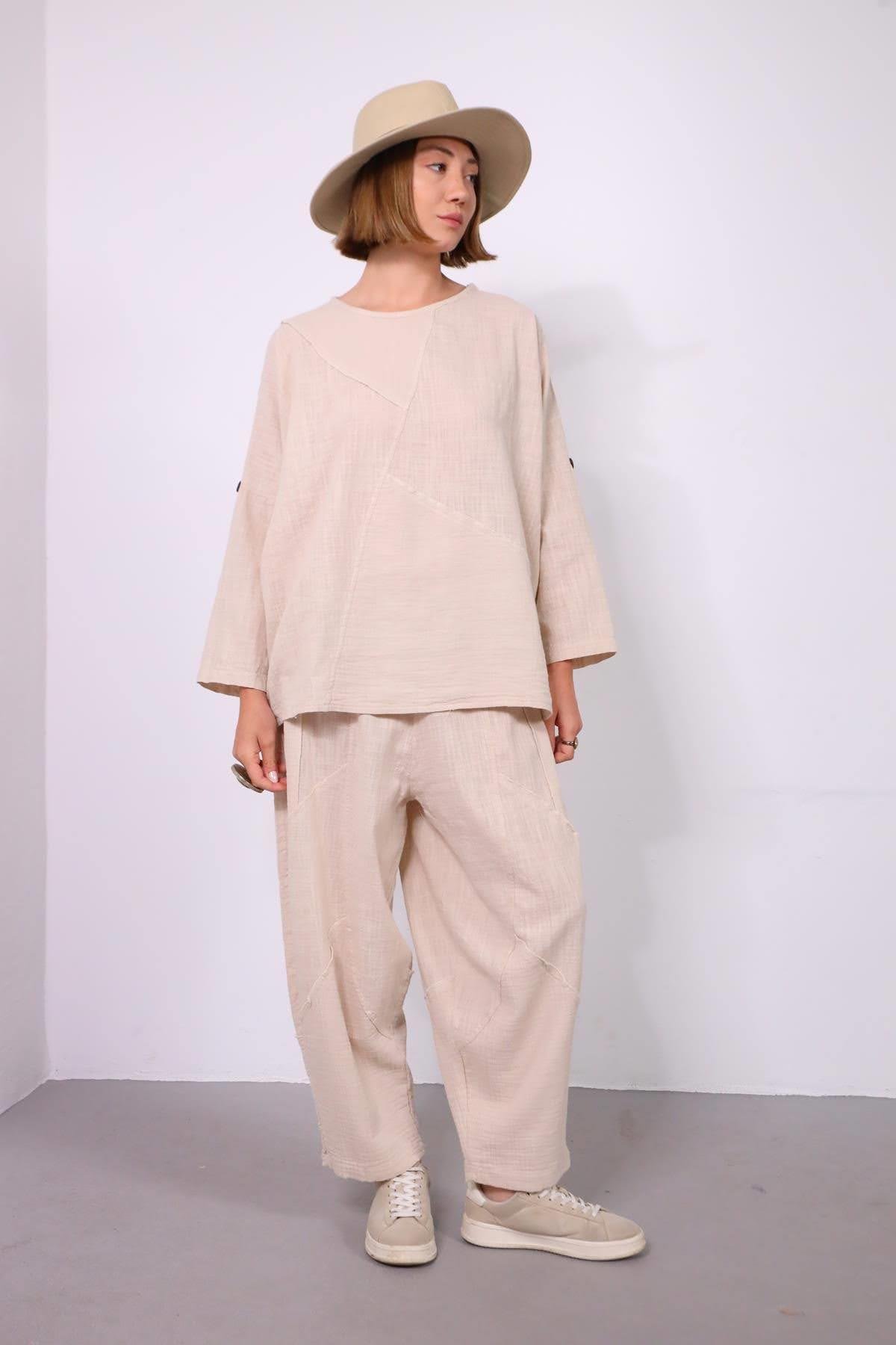  Krem Rengi Müslin Parçalı Dikişli Pantolon ve Bluz Takım