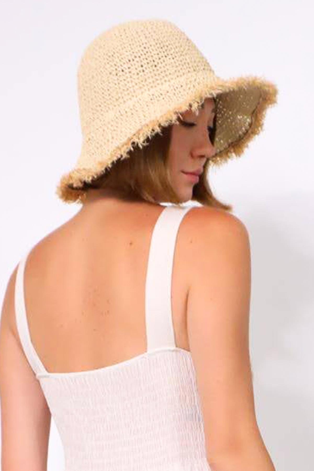  Bej Saçaklı El Örgüsü Hasır Şapka