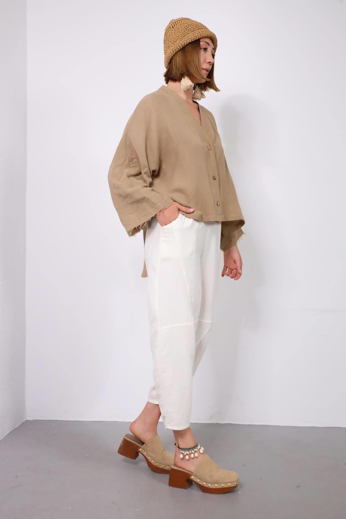  Açık Kahverengi Yarasa Kol Püsküllü Sırt Detaylı Gömlek