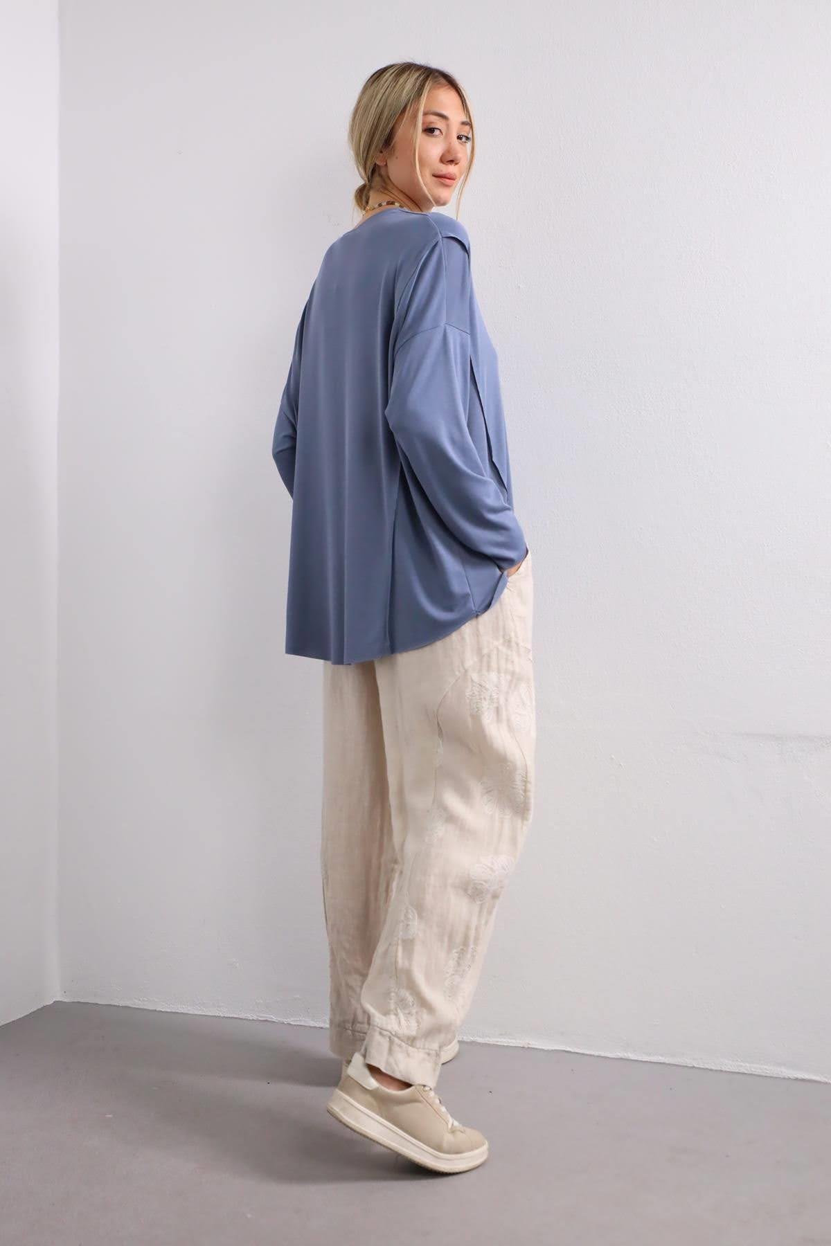 Krem Rengi Çiçek İşlemeli Keten Pantolon - Şaman Butik Krem Rengi Çiçek İşlemeli Keten Pantolon