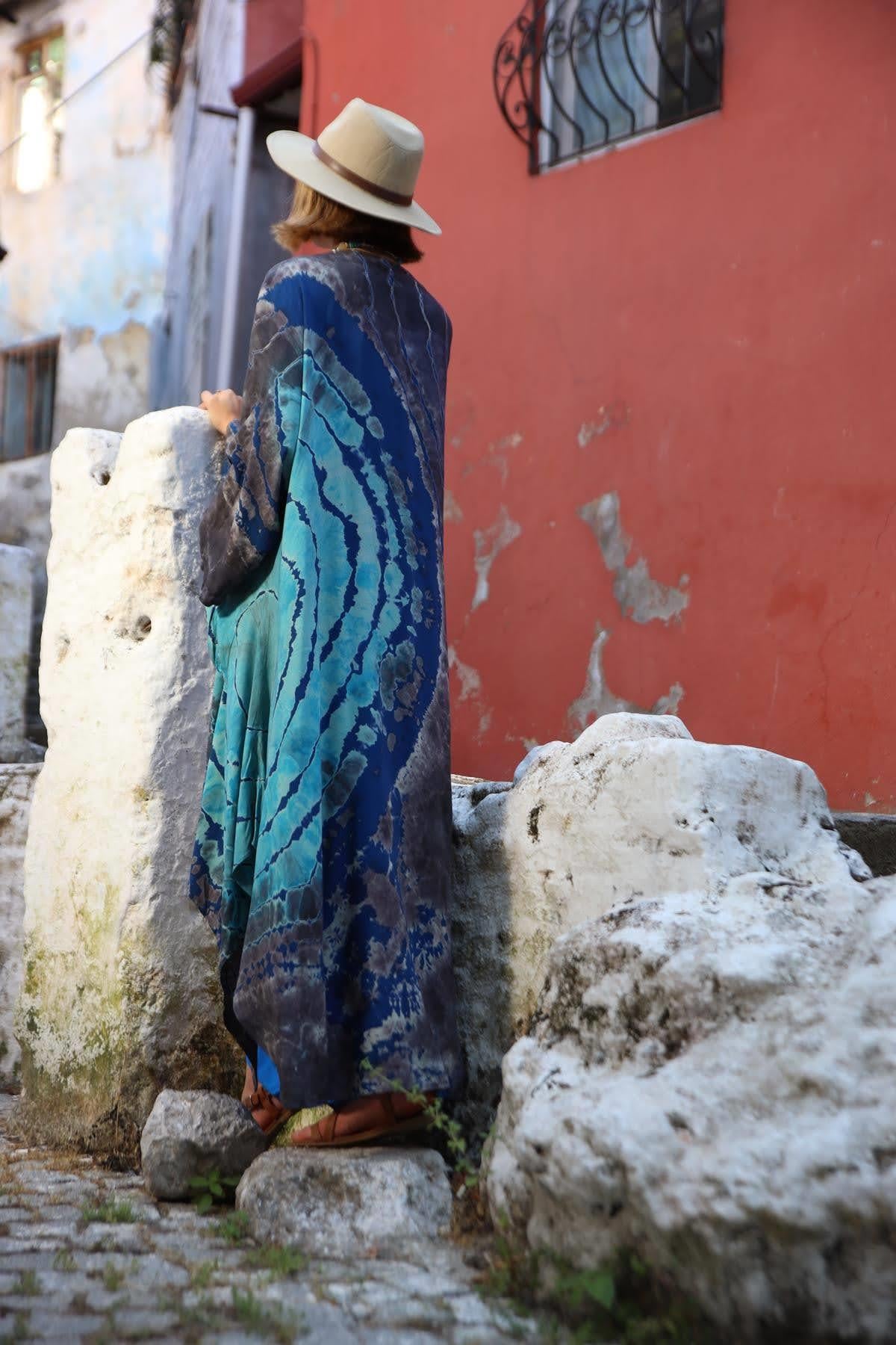 Turqouise Tie Dye Pattern Pocket Design Caftan - Saman Butik | Shop Online Turqouise Tie Dye Pattern Pocket Design Caftan 
