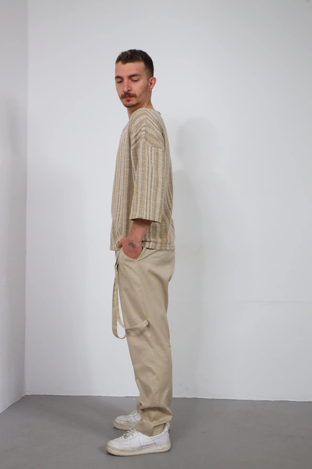  Bej Çizgili Geniş Yaka Truvakar Kol Erkek Sweatshirt